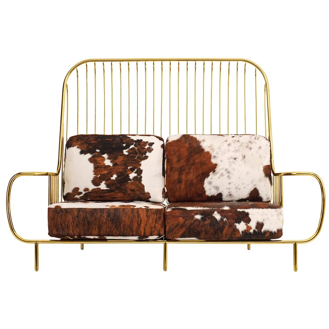 21st Century Liberty Sofa High Back Polished Brass and Natural Cow Fur Cushions For Sale