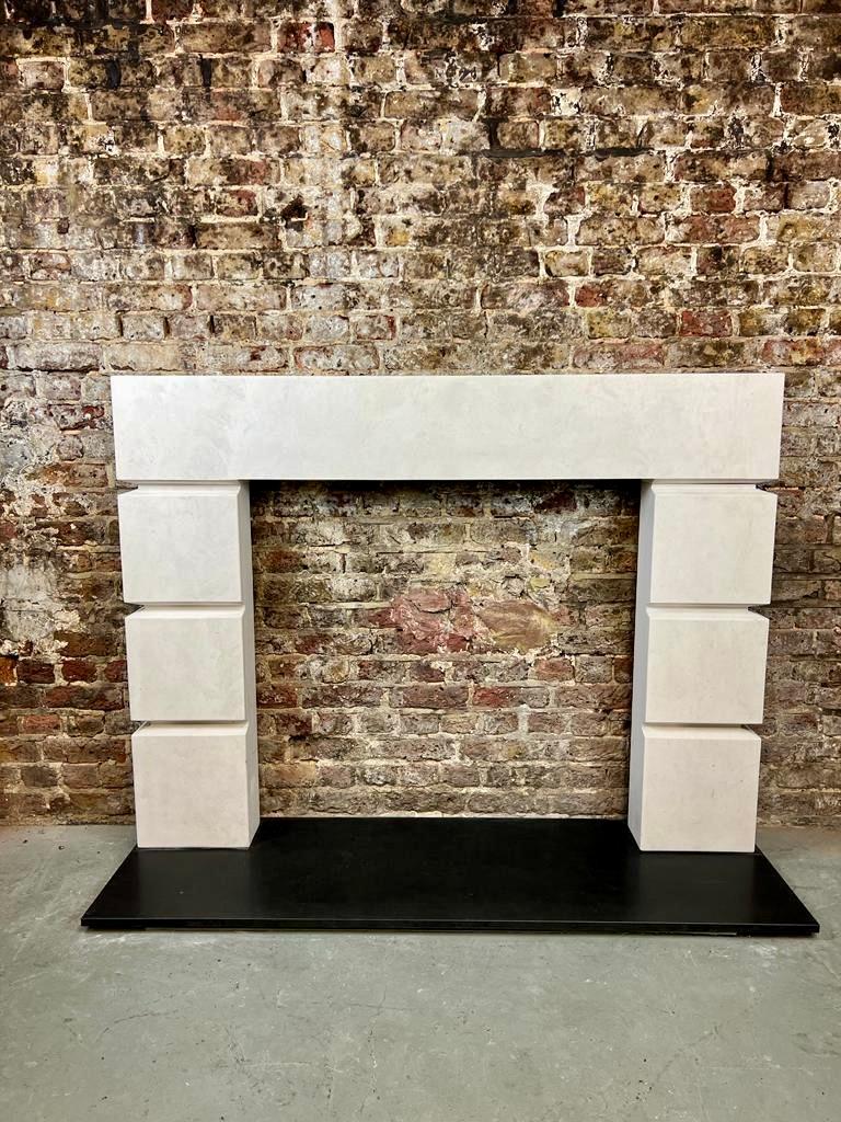 21st Century Limestone Contemporary Mantlepiece.
This Designer Fireplace Is One of Three Currently Available.
Hand Carved From Solid Portugese Limestone Blocks, Although Contemporary Looking Also Has A Hint Of Art Deco Style.
Showing Three Stacked