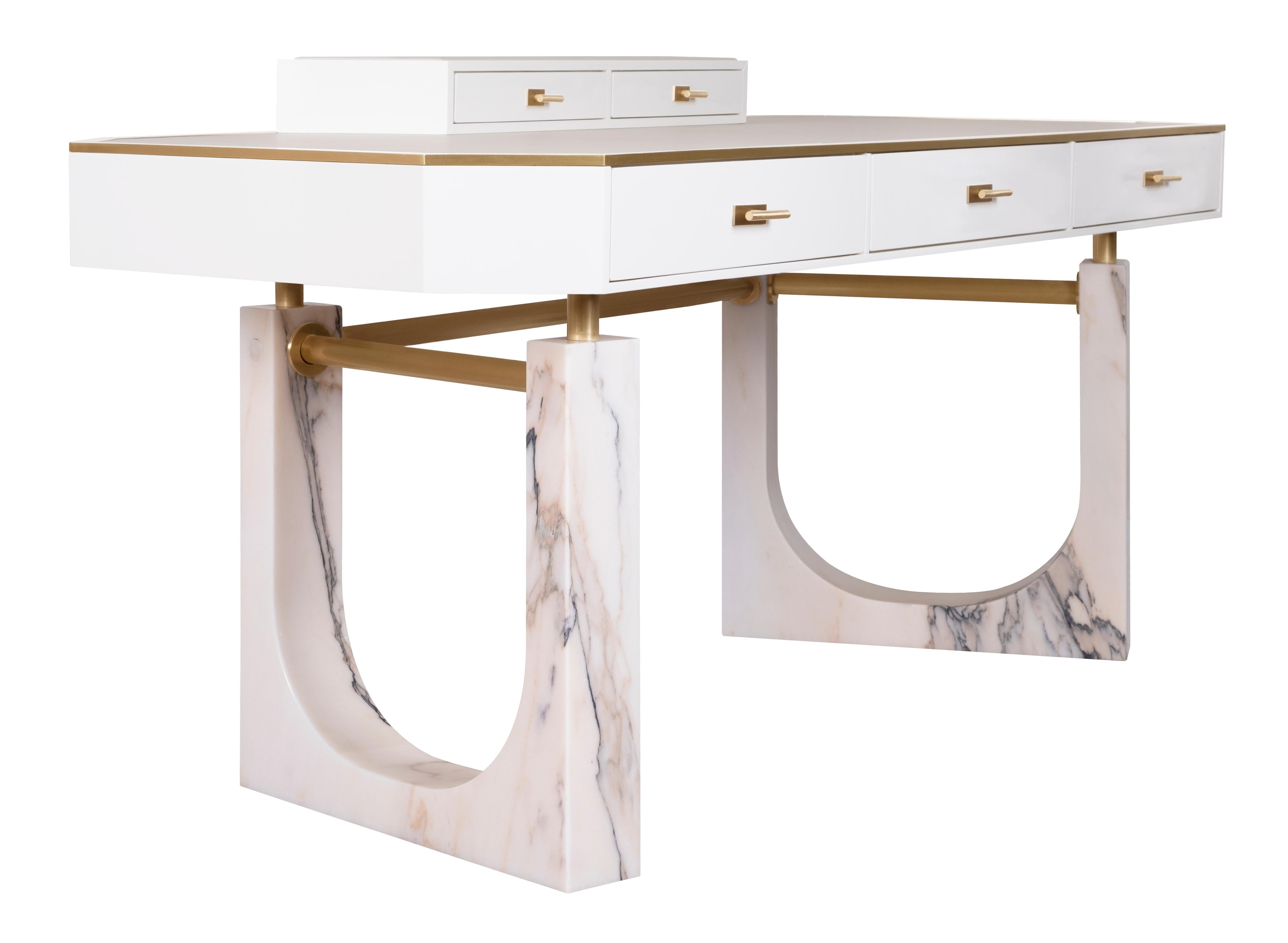 Portuguese 21st Century Lincoln Desk Leather Wood Brushed Brass Marble For Sale
