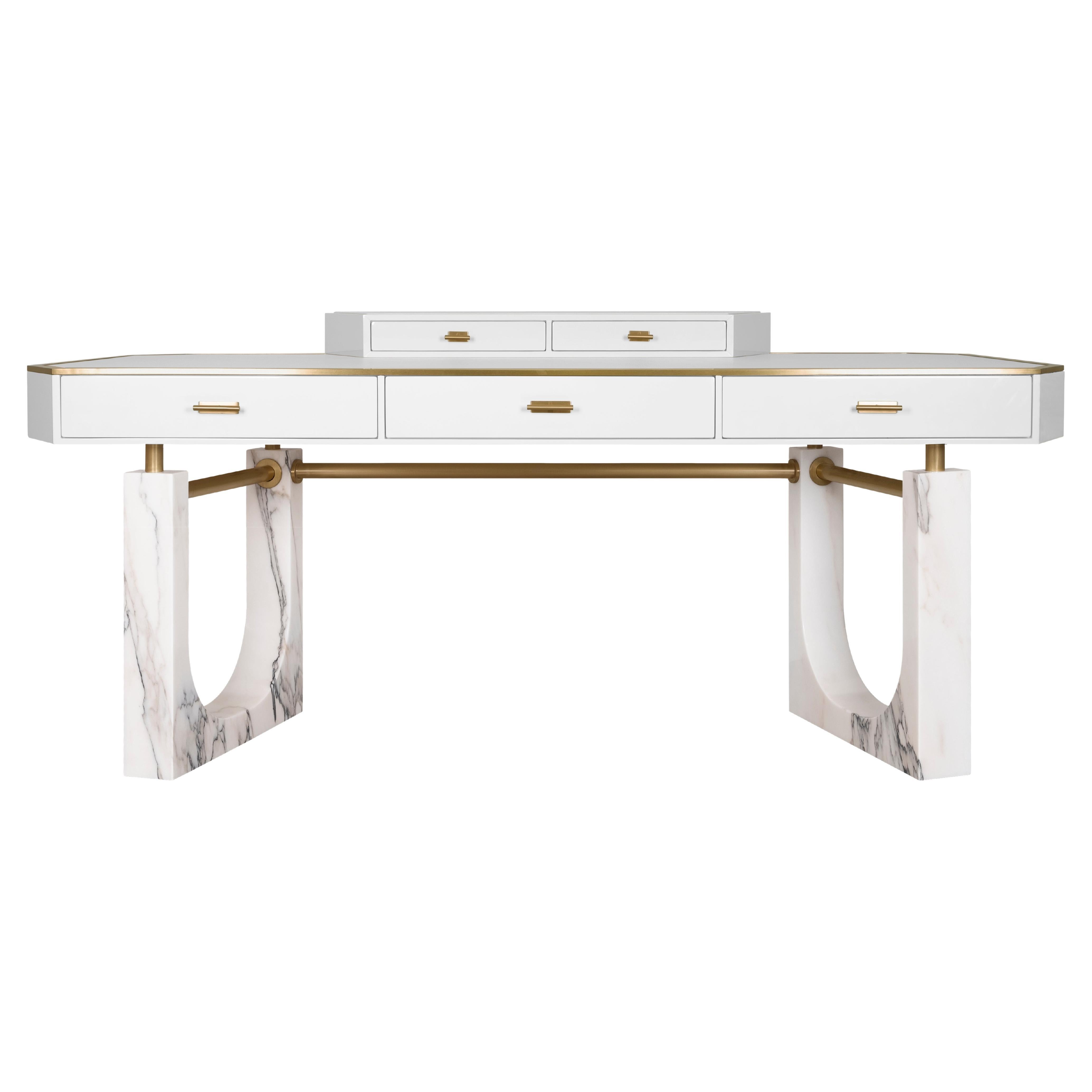 Lincoln Desk Leather Wood Brass Marble Handmade in Portugal by Porus Studio For Sale