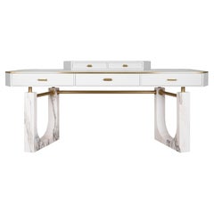 21st Century Lincoln Desk Leather Wood Brushed Brass Marble