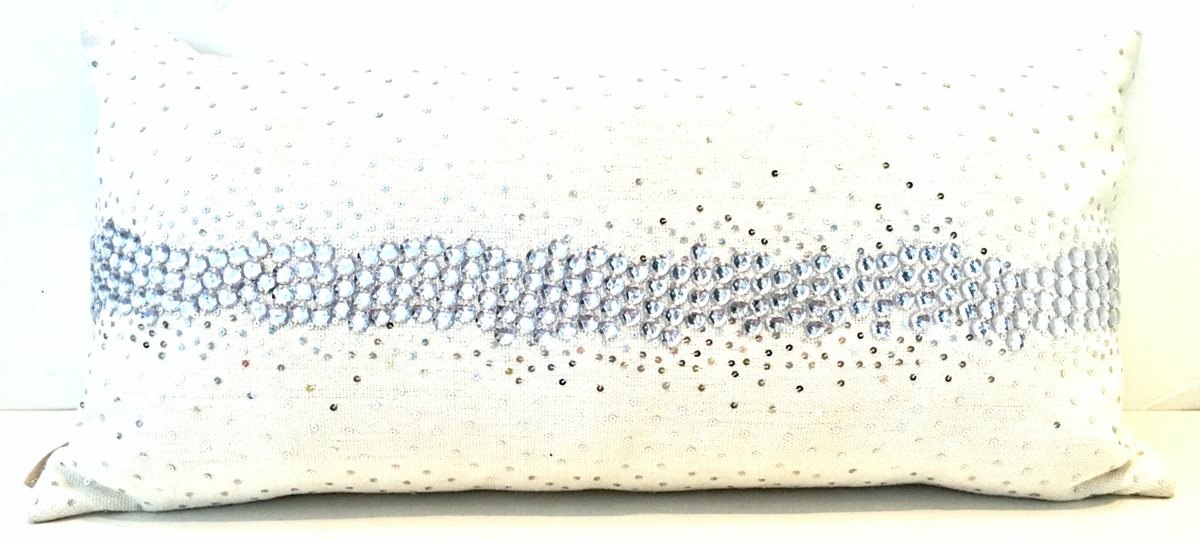 21st Century and new linen silk blend, crystal embellished down filled bolster pillow by, Sivaana. This over sized 28