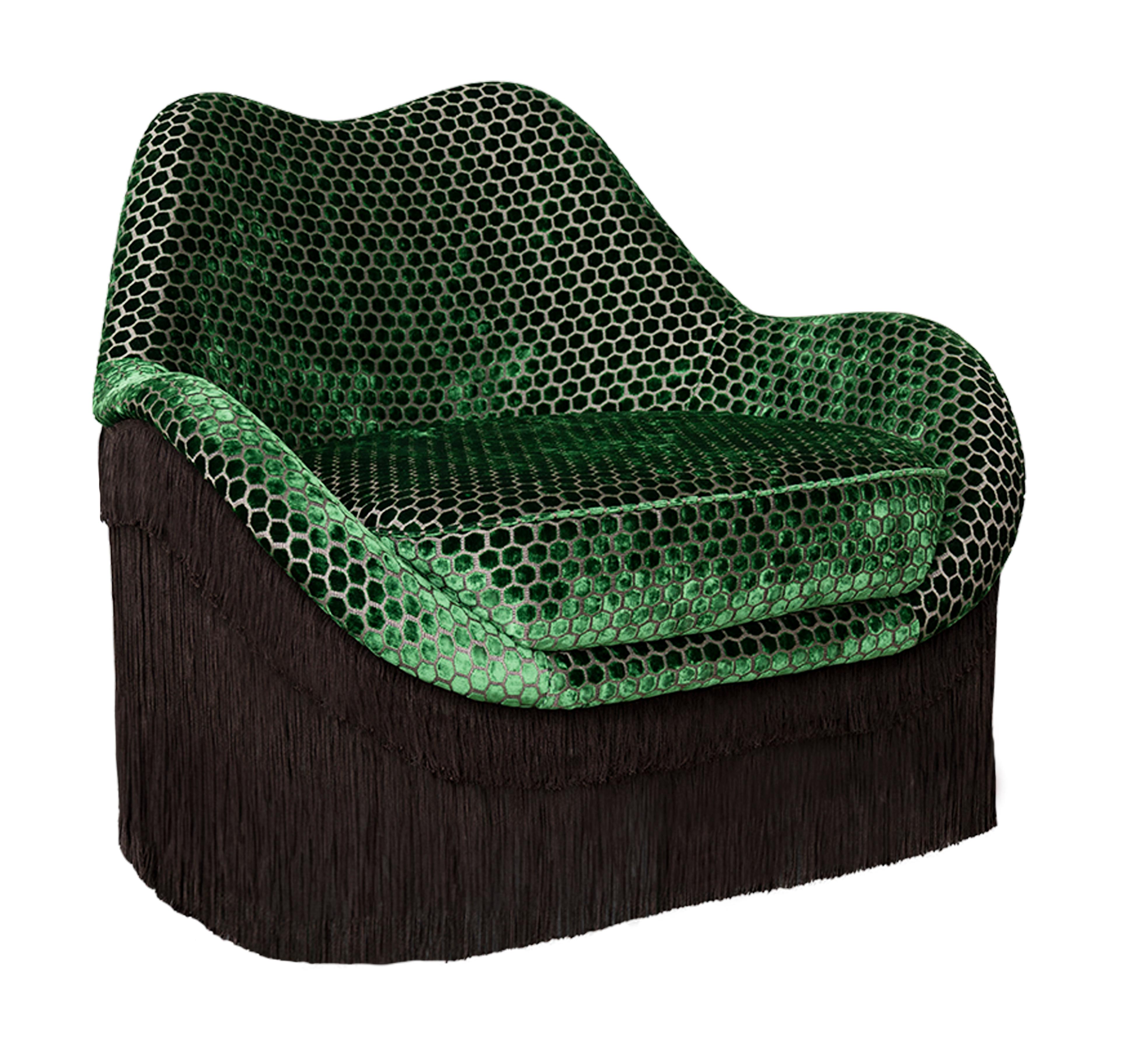 Portuguese 21st Century Lips-Inspired Jeane Fringes Armchair Velvet Handmade in Portugal For Sale