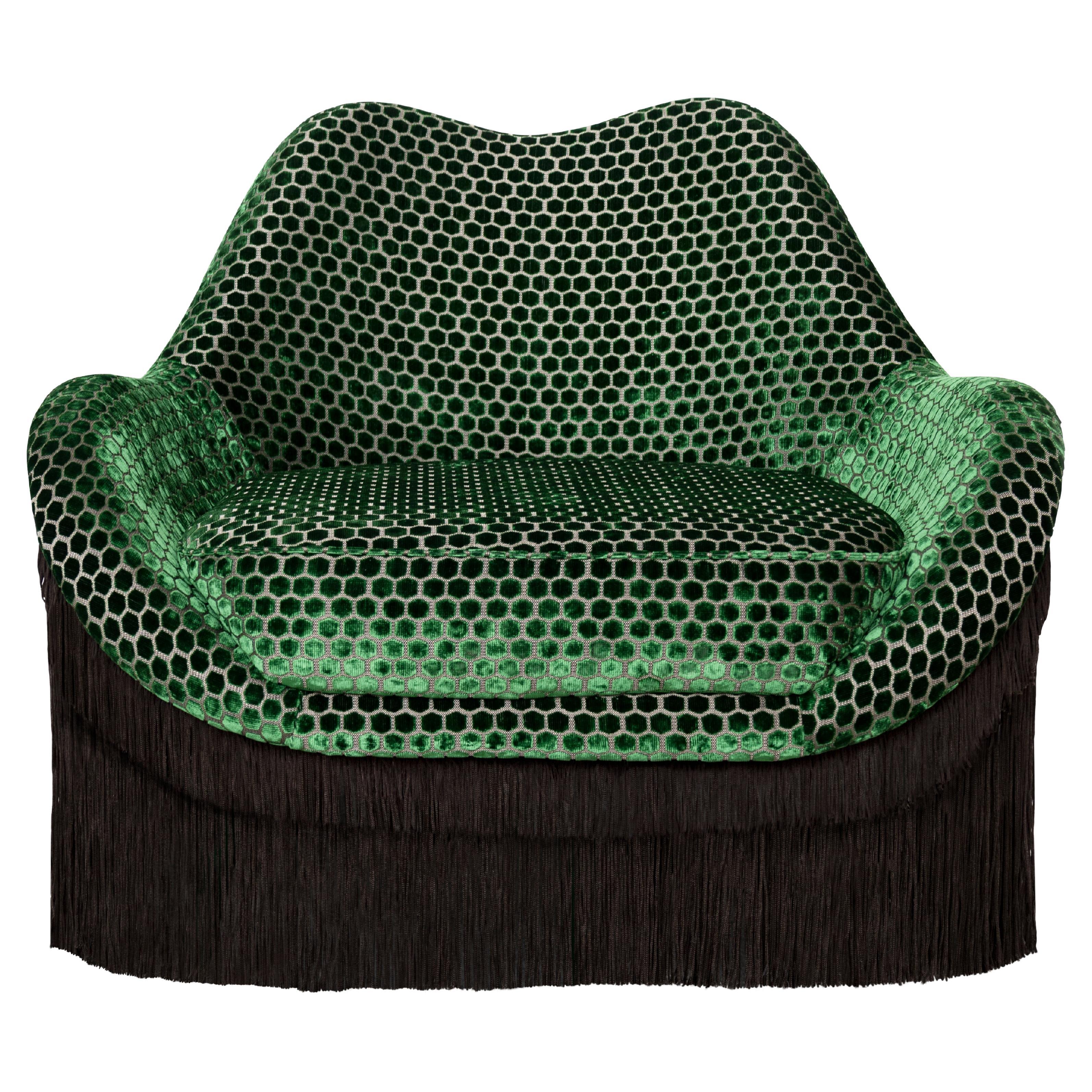 21st Century Lips-Inspired Jeane Fringes Armchair Velvet Handmade in Portugal