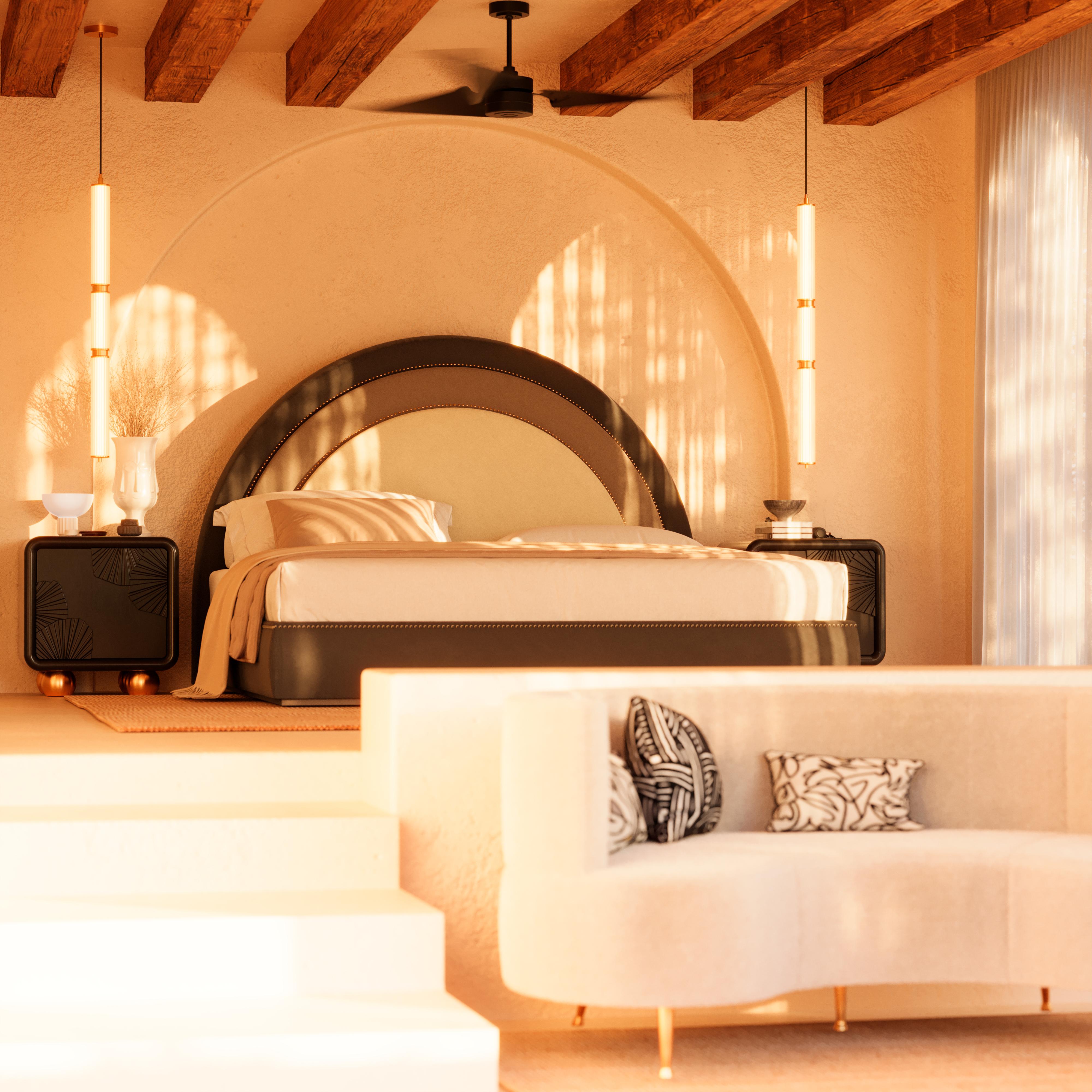21st Century Lisi Bed Velvet Walnut Wood Brass Handmade in Portugal by Ottiu In New Condition For Sale In RIO TINTO, PT