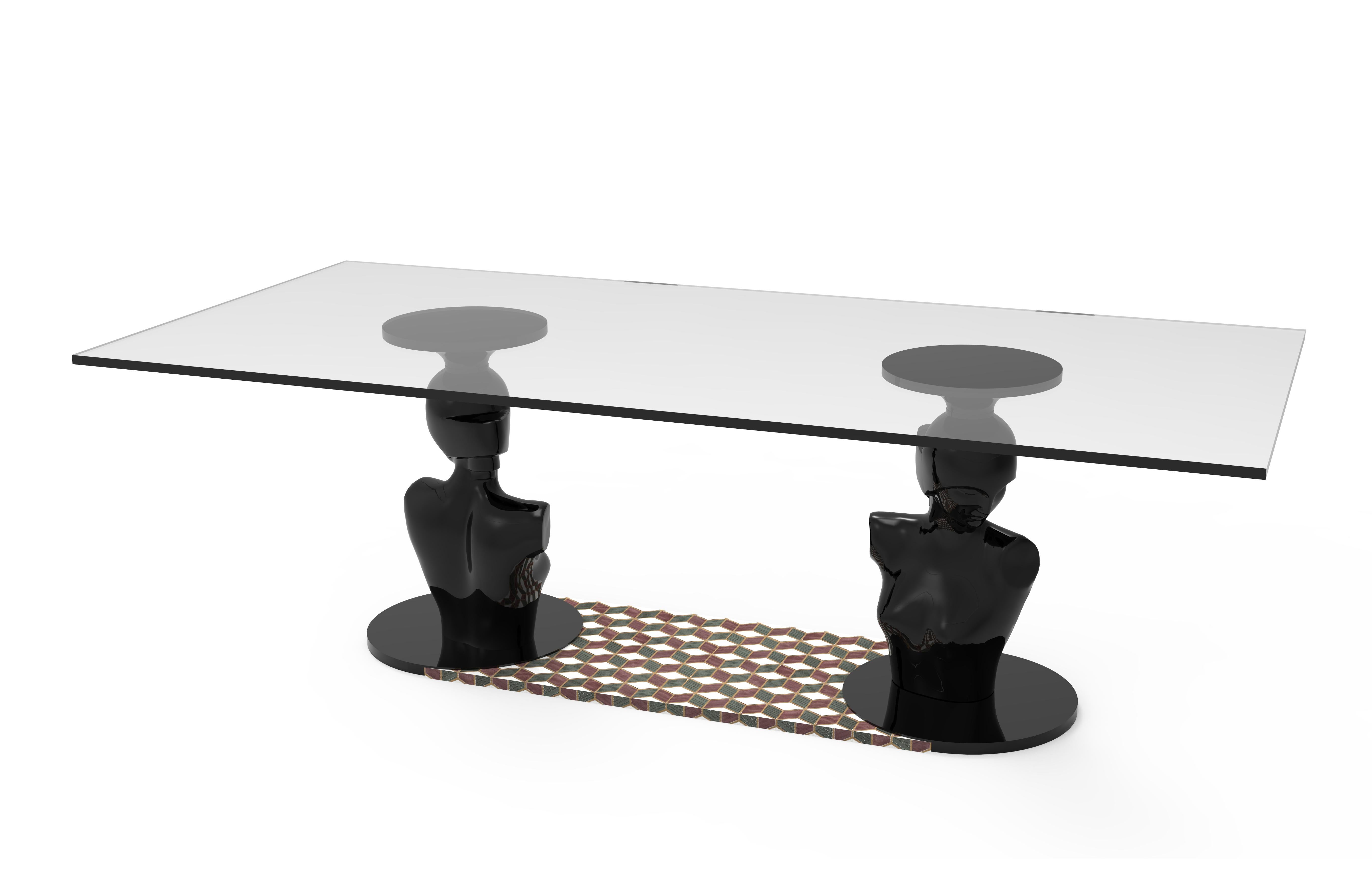 Lorsky-Tisch des 21. Jahrhunderts, Glasplatte, geschnitztes Intarsienholz, Deko, hergestellt in Italien (Italienisch) im Angebot