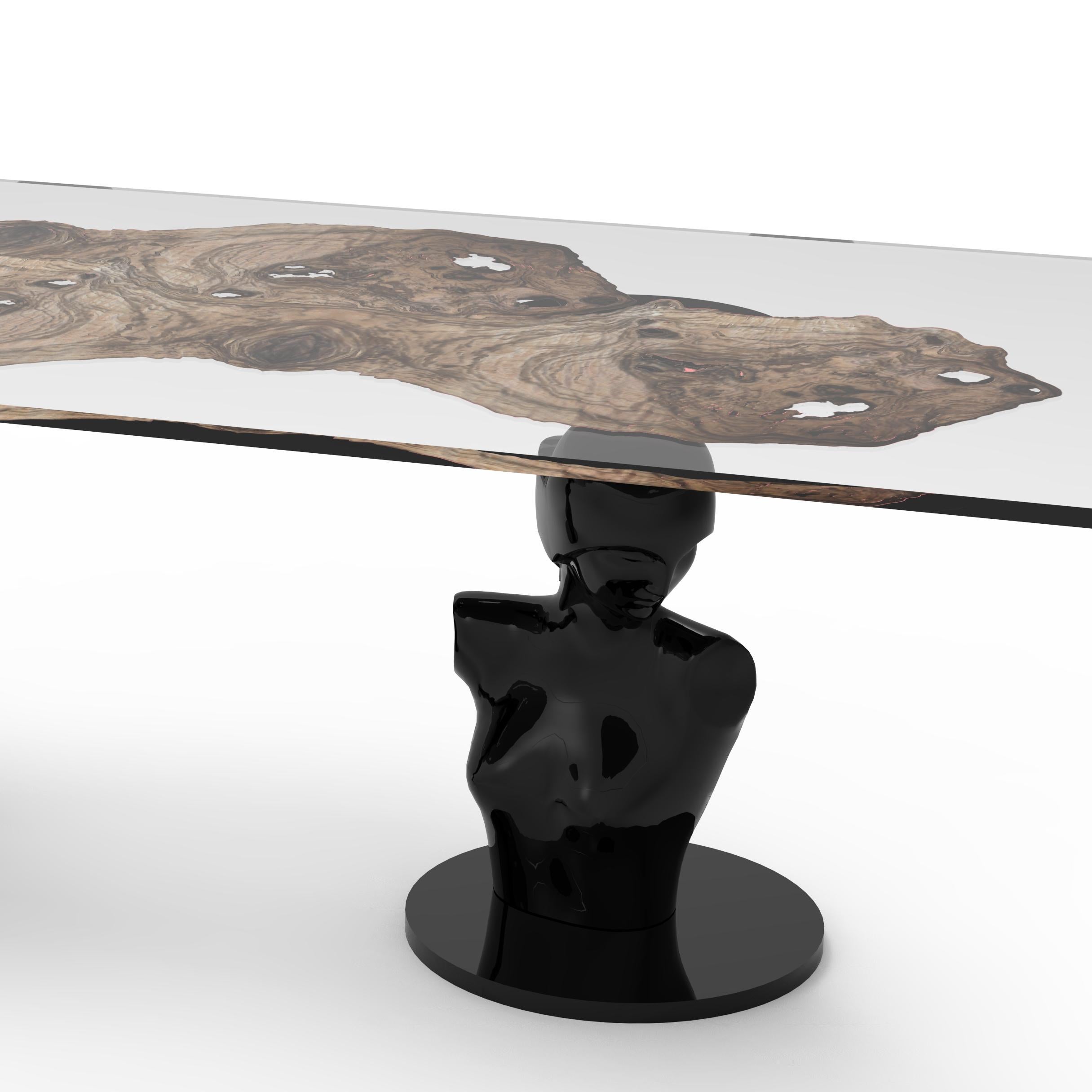 Italian 21st Century Lorsky Table, Resin and Elm Veneer, Carved Wood Base, Made in Italy For Sale