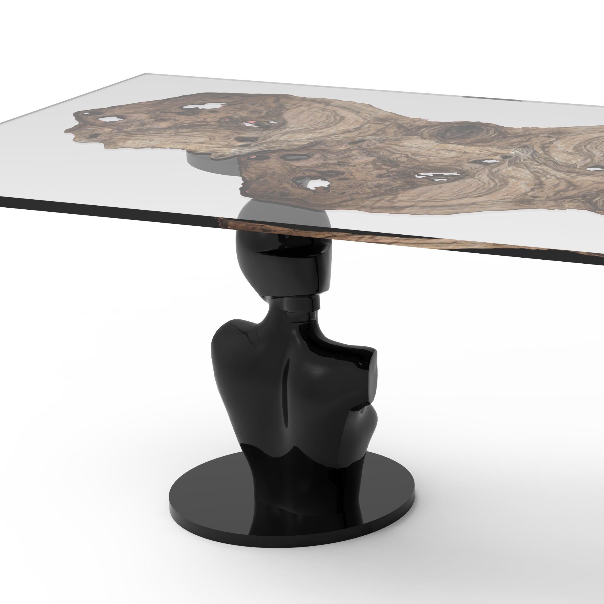 21st Century Lorsky Table, Resin and Elm Veneer, Carved Wood Base, Made in Italy In New Condition For Sale In Nocera Superiore, Campania