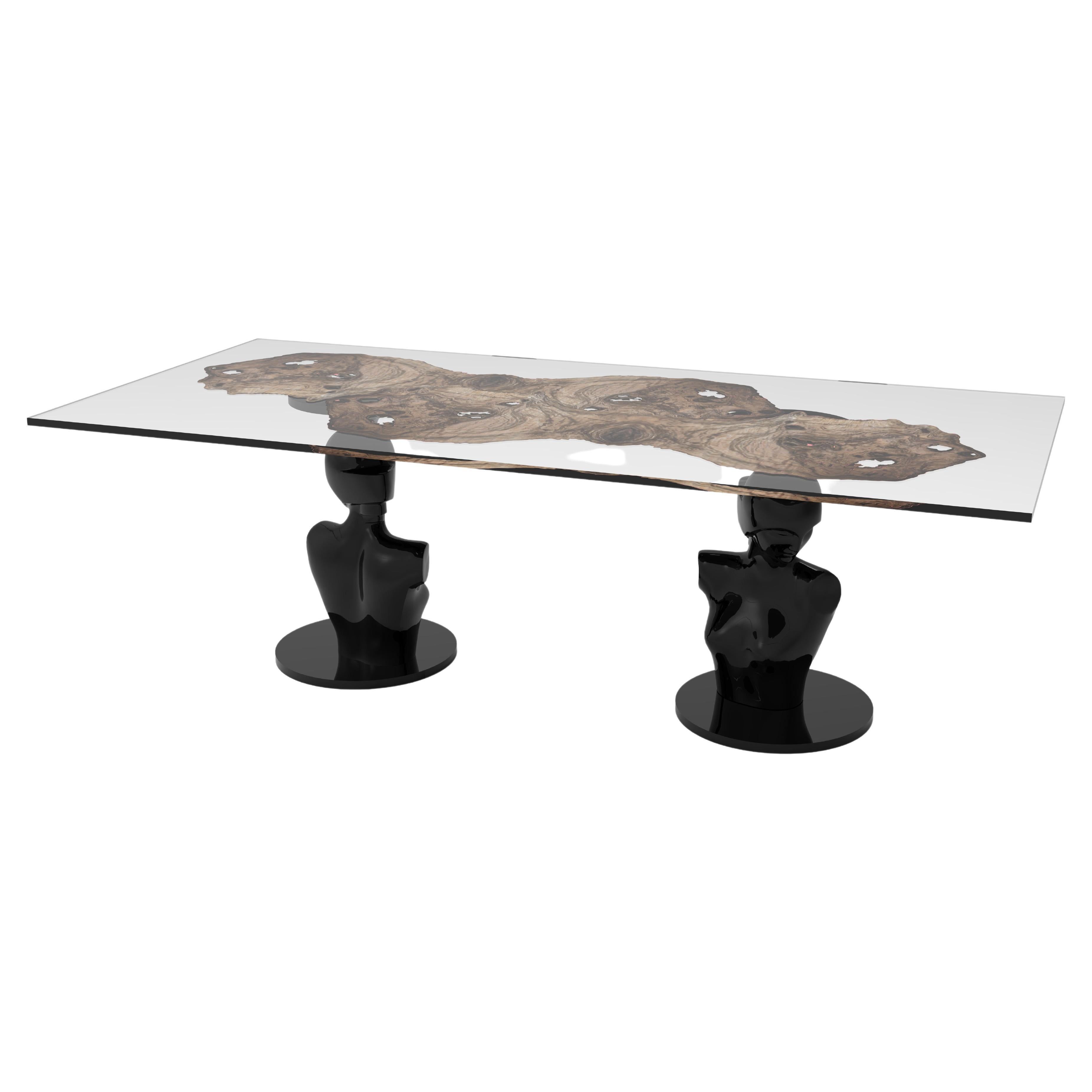 21st Century Lorsky Table, Resin and Elm Veneer, Carved Wood Base, Made in Italy For Sale