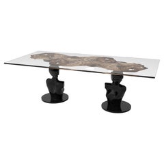 21st Century Lorsky Table, Resin and Elm Veneer, Carved Wood Base, Made in Italy