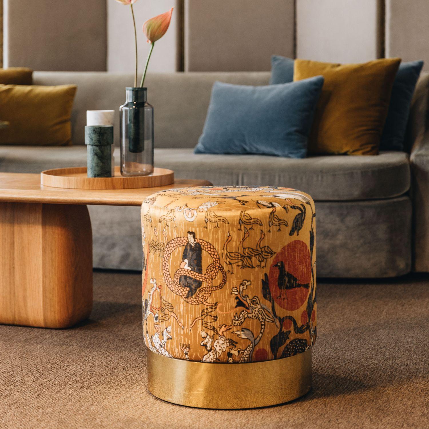 Mid-Century Modern 21st Century Lune C Stool, in COM and Polished Brass, by Duistt For Sale