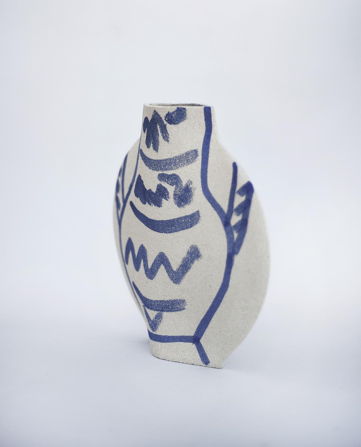 Minimalist 21st Century Lune 'M', Blue Pattern Vase in Ceramic, Hand-Crafted in France For Sale