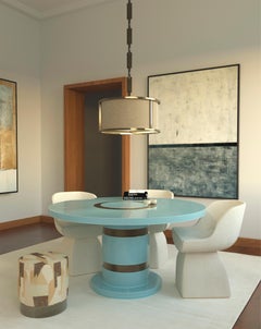 21st Century Lune Table Wood Lacquered in Blue with Bronze Details