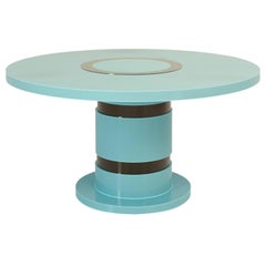 21st Century Lune Table Wood Lacquered in Blue with Bronze Details