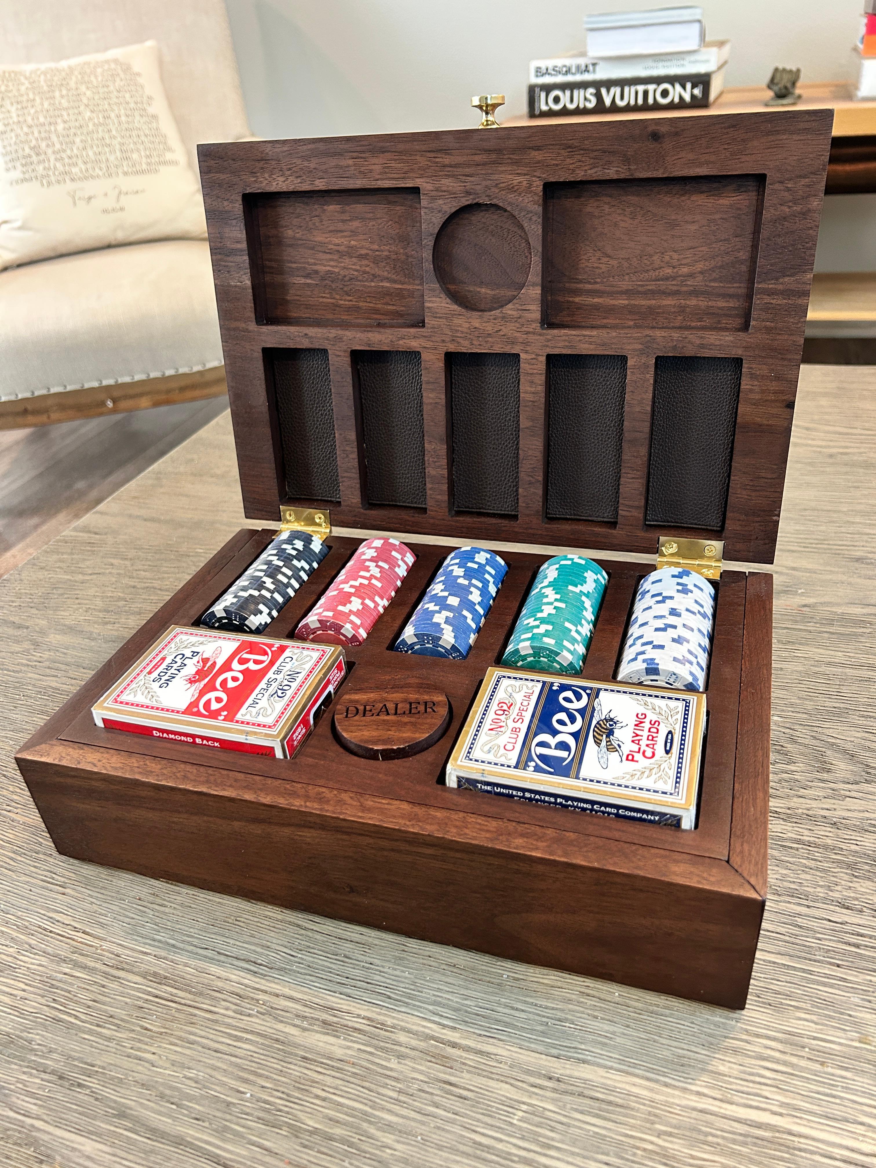 Introducing the epitome of luxury in game nights – our Walnut Poker Set Box. Crafted from 100% walnut hardwood, this exquisite box boasts Brusso brass hardware and fittings, setting a new standard in elegance for your gaming experiences. The