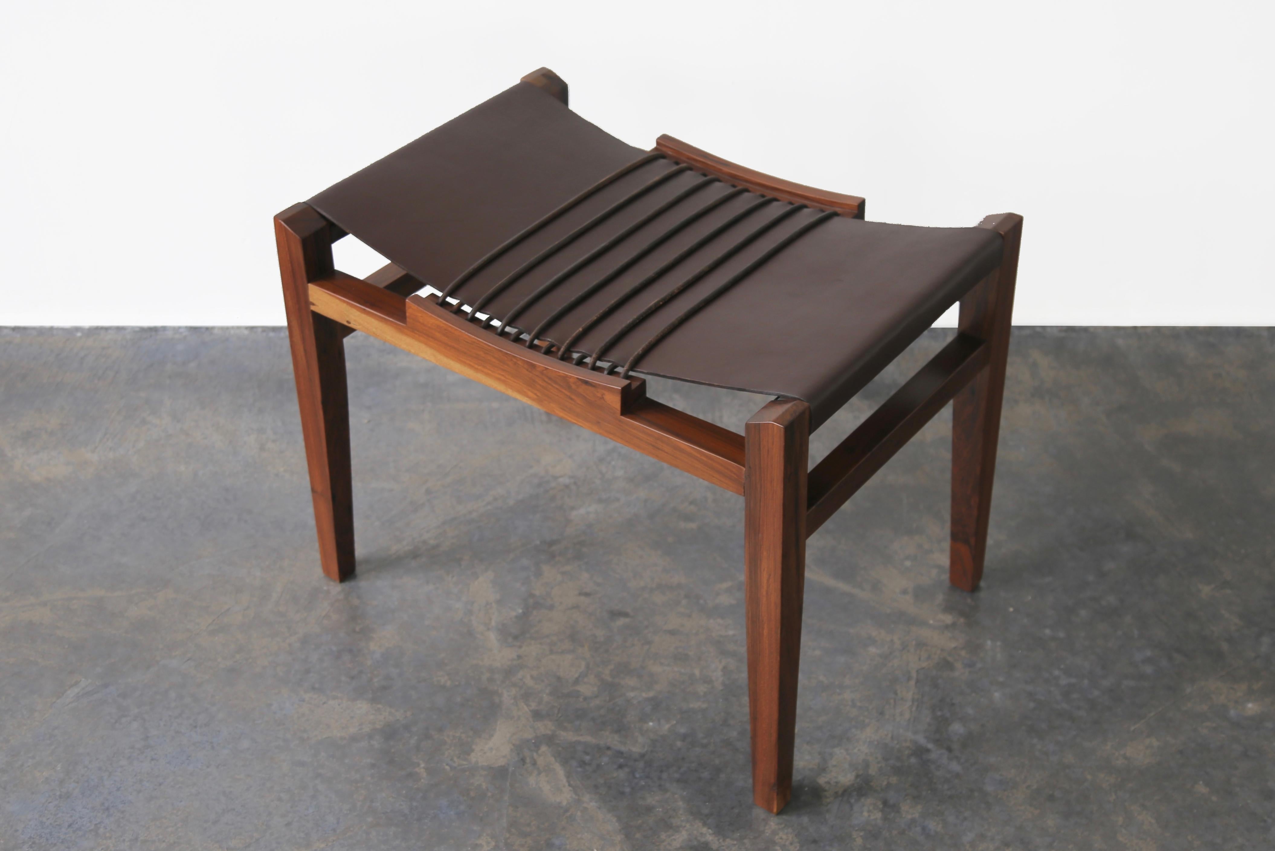 Modern 21st Century Luzio Slung Leather Stool in Argentine Rosewood with Cording