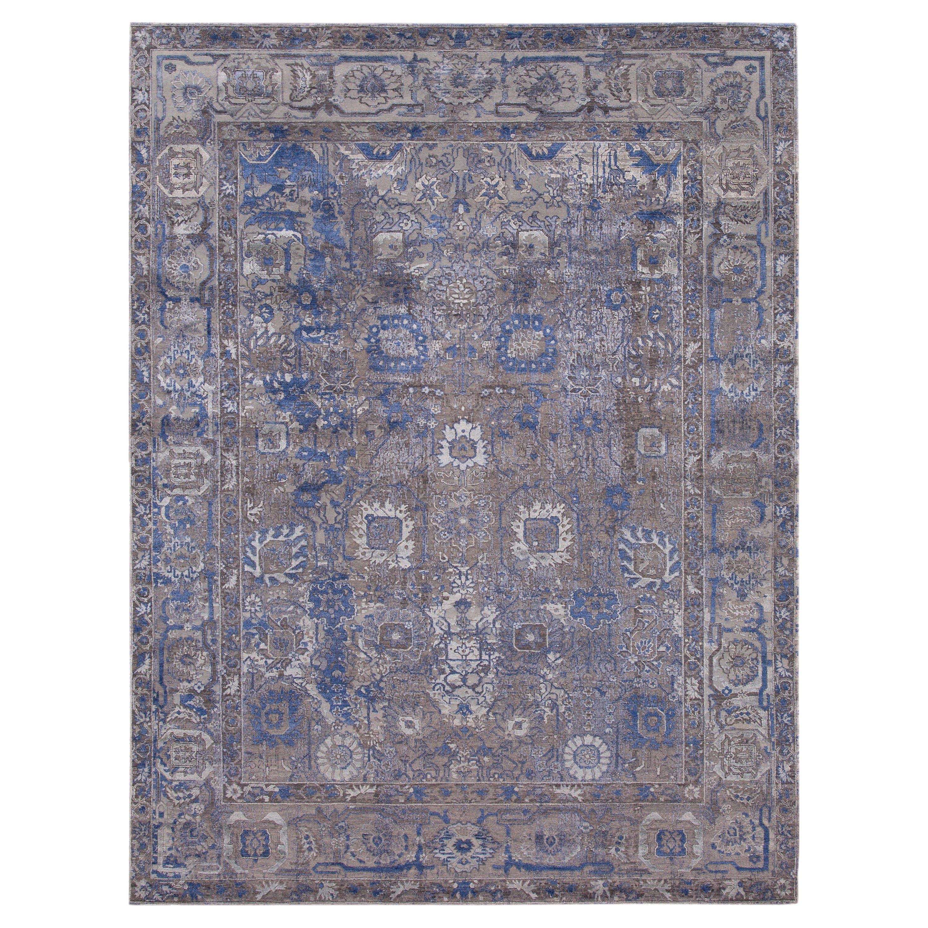 Wollteppich im Mahal-Stil des 21. Jahrhunderts mit grauem und blauem Design