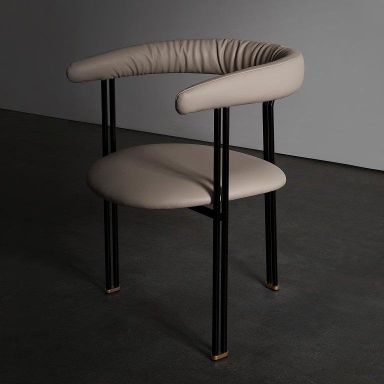 Metal Greenapple Chair, Maia Chair, Beige Italian Leather, Handmade in Portugal For Sale