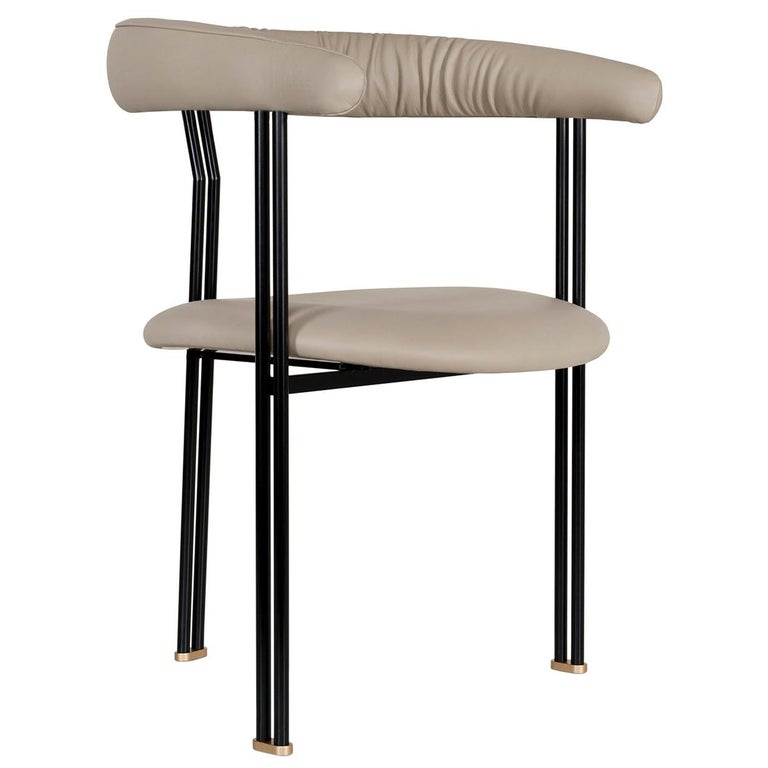 Maia Chair with Armrests Black Lacquered Metal Premium Italian Beige Leather For Sale