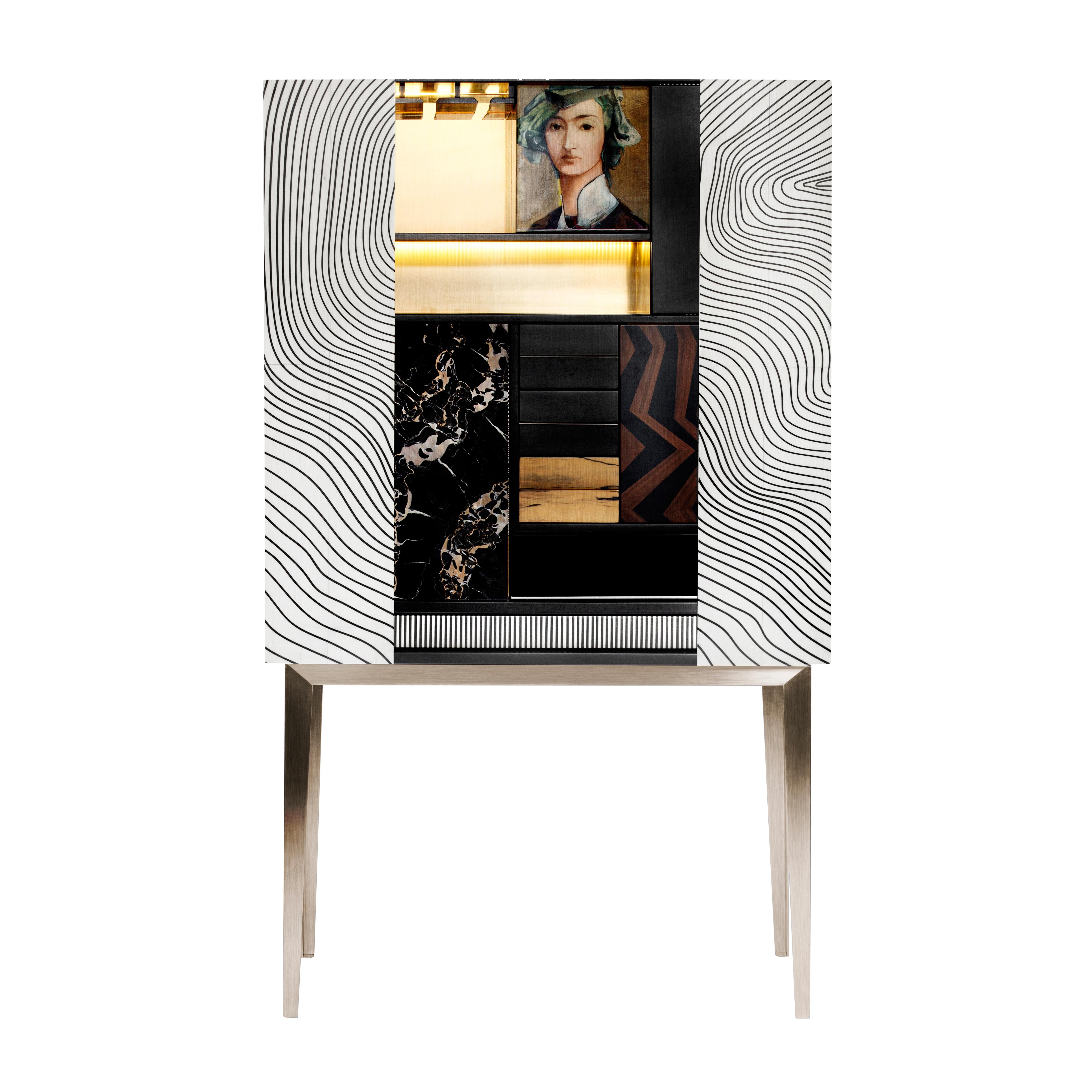 Italian 21st Century Majord’home Bar Cabinet, Maple and Ebony Inlays, Made in Italy For Sale
