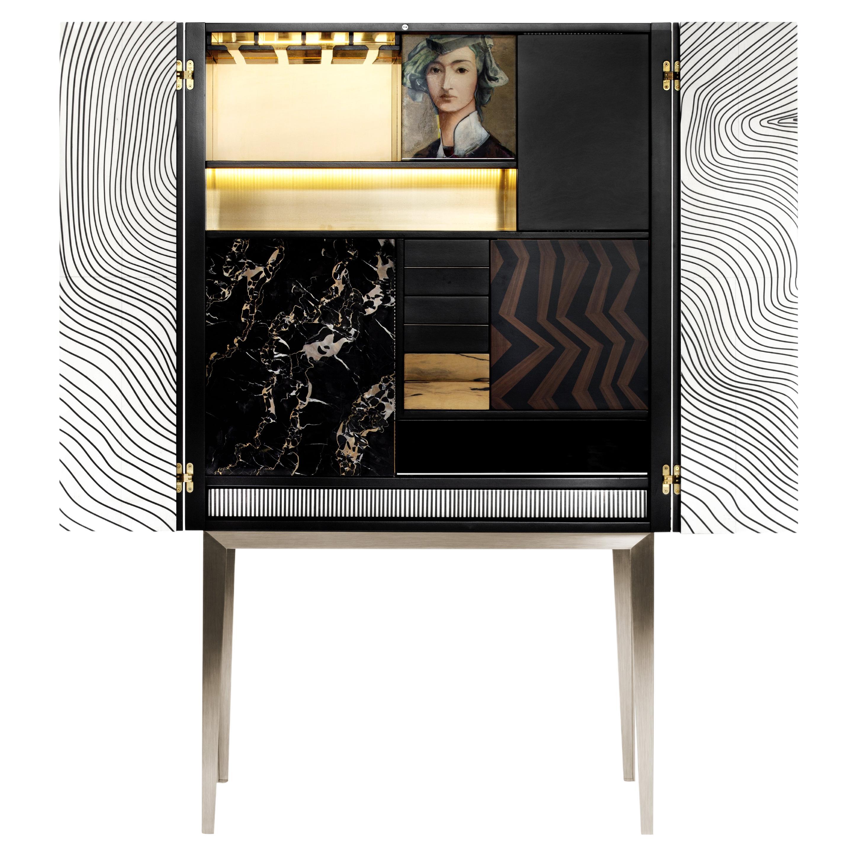 21st Century Majord’home Bar Cabinet, Maple and Ebony Inlays, Made in Italy For Sale