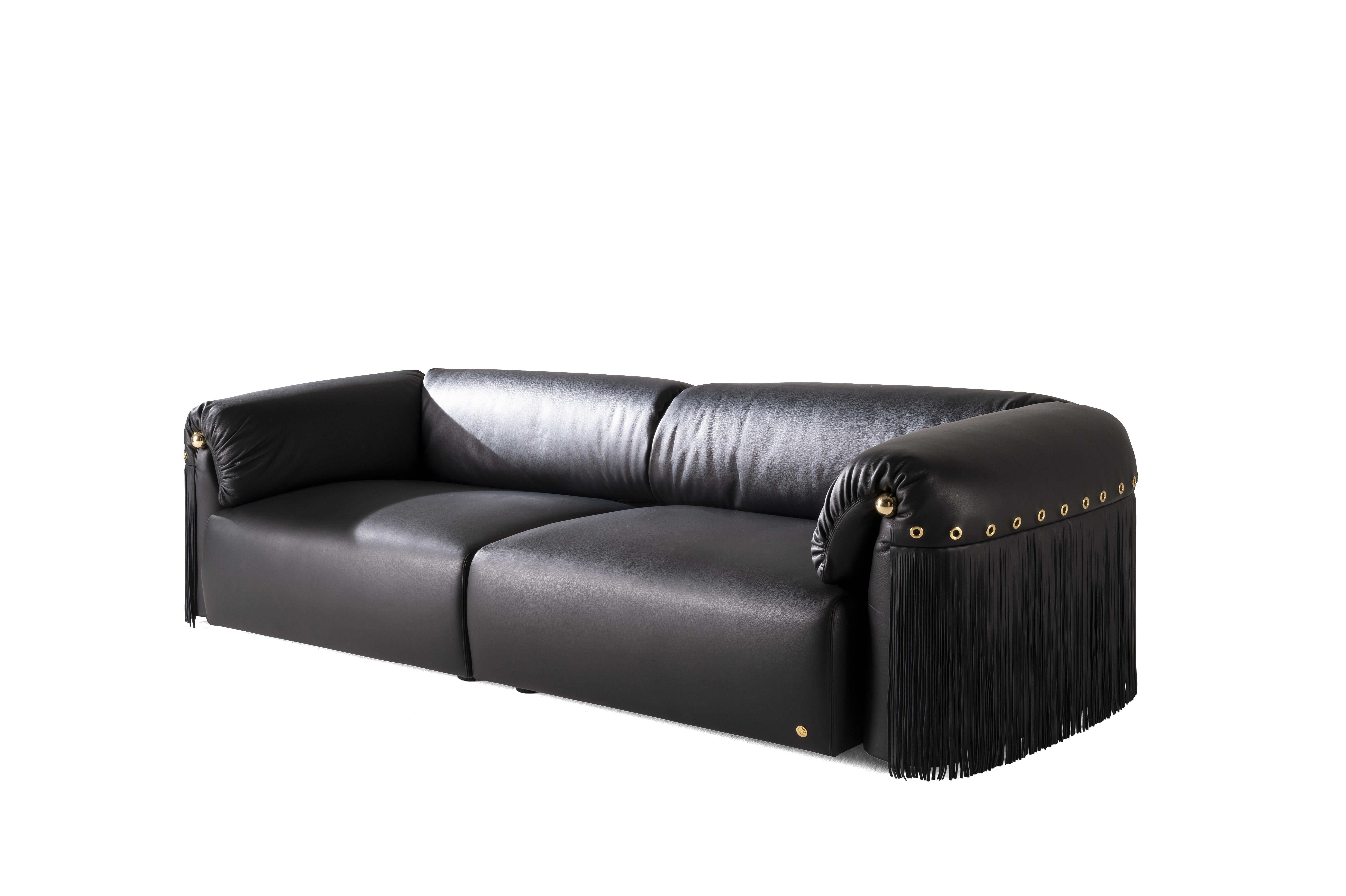 21st Century Malawi Sofa in Black Leather by Roberto Cavalli Home Interiors In New Condition For Sale In Cantù, Lombardia