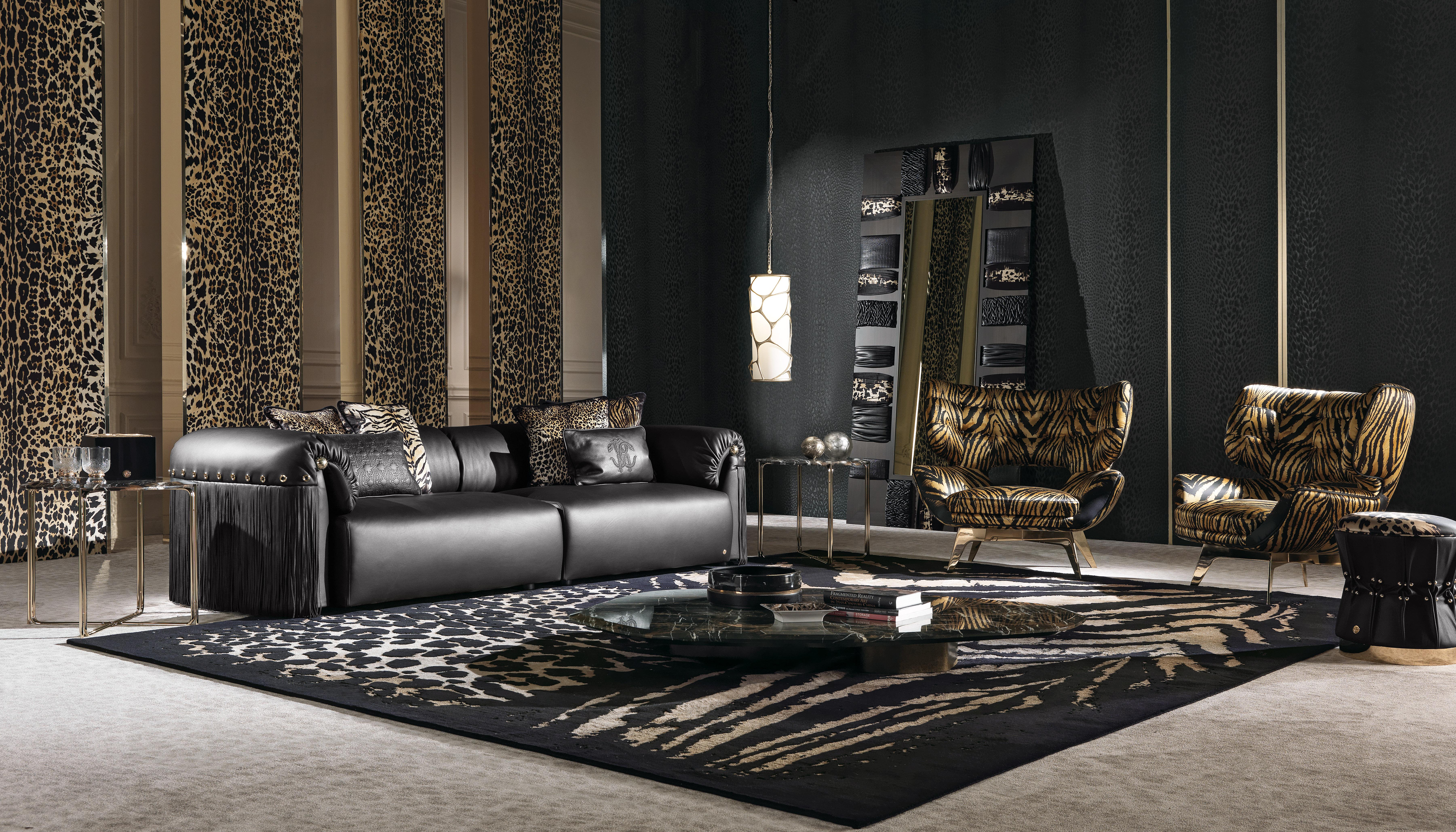 Contemporary 21st Century Malawi Sofa in Black Leather by Roberto Cavalli Home Interiors For Sale