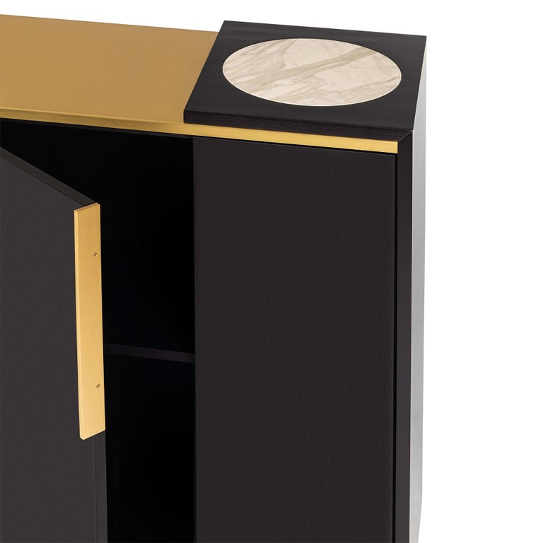 Hand-Crafted 21st Century Marama Sideboard in Black Ash, Satin Brass, Marble, Made in Italy For Sale