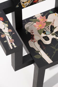 Marcantonio-Stuhl des 21. Jahrhunderts, limitierte Auflage, Holzintarsien, schwarze Blumenblumen-life afte