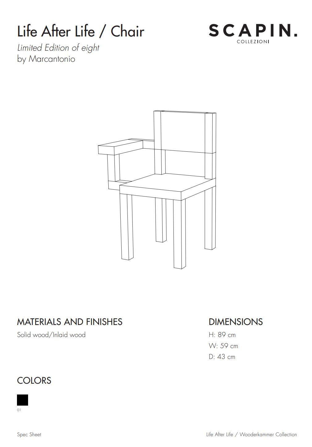 Marcantonio-Stuhl des 21. Jahrhunderts, limitierte Auflage, Holzintarsien, schwarze Blumenblumen-life afte (Intarsie) im Angebot