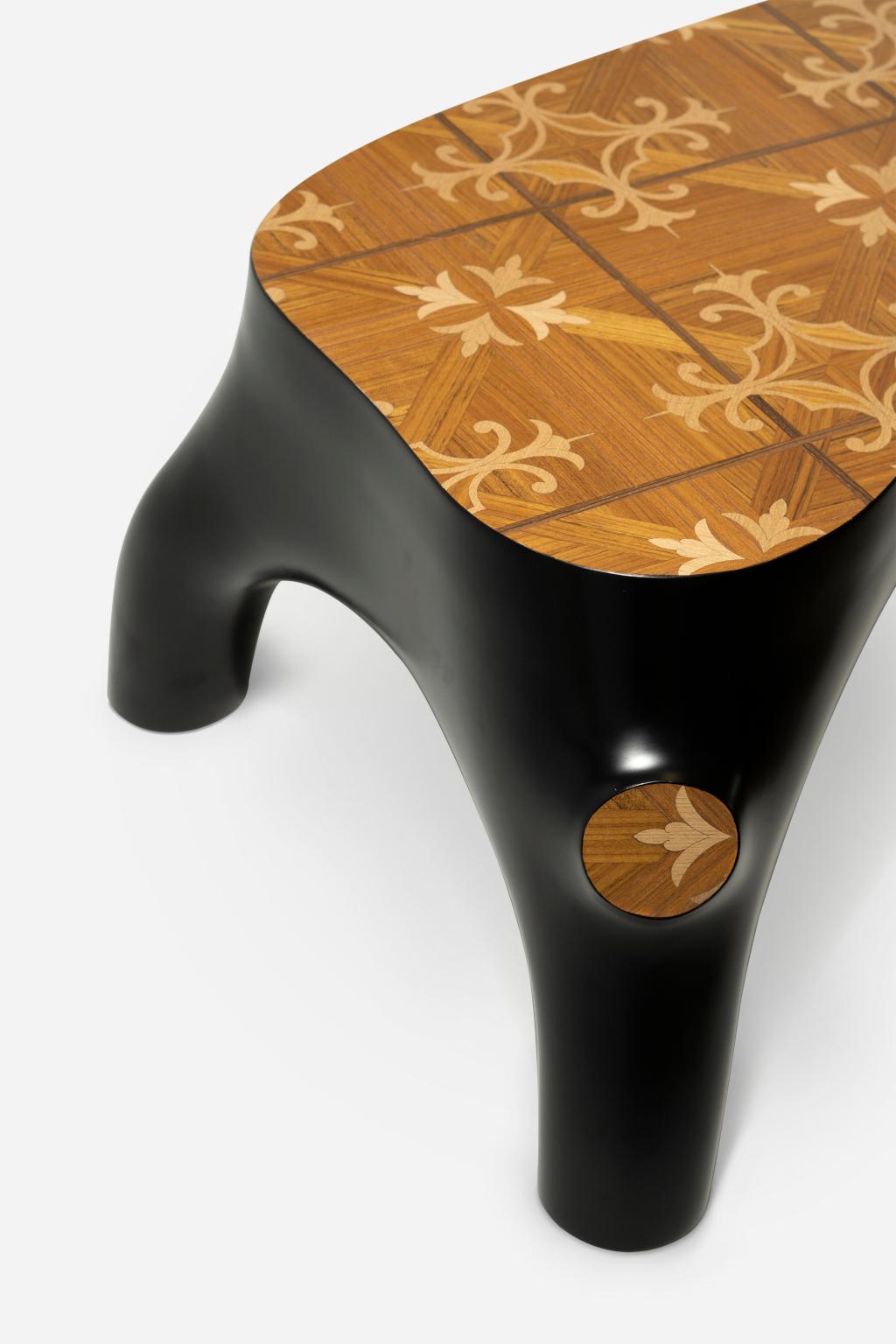 Italian 21st Century Marcantonio Coffee Table Wood Inlay Black Lacquered Scapin For Sale