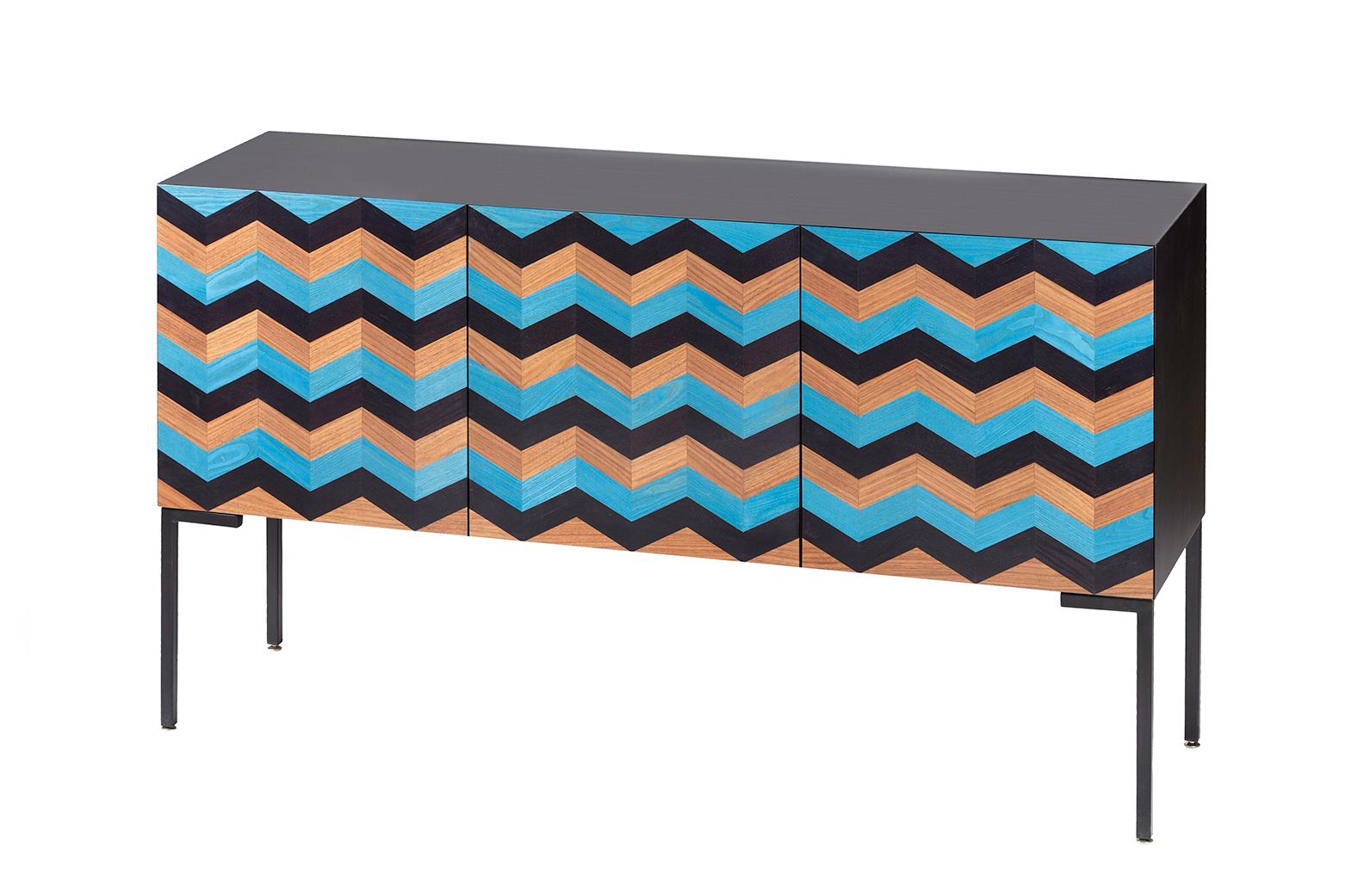 Italian 21st Century Marea Inlaid Sideboard in Walnut, Black and Blue Ash, Made in Italy For Sale
