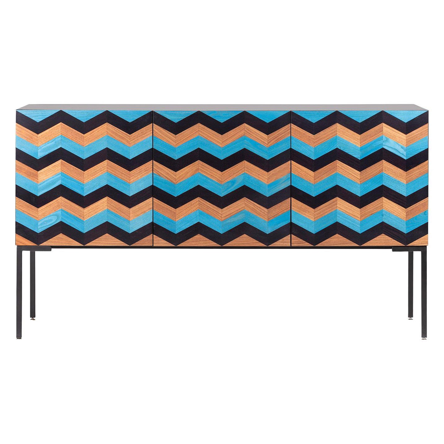 Credenza intarsiata Marea del XXI secolo in noce, frassino nero e blu, Made in Italy