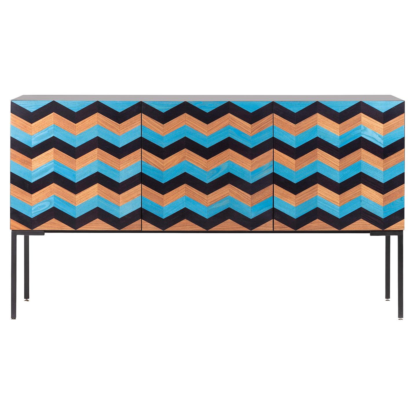 21st Century Marea Inlaid Sideboard in Walnut, Black and Blue Ash, Made in Italy
