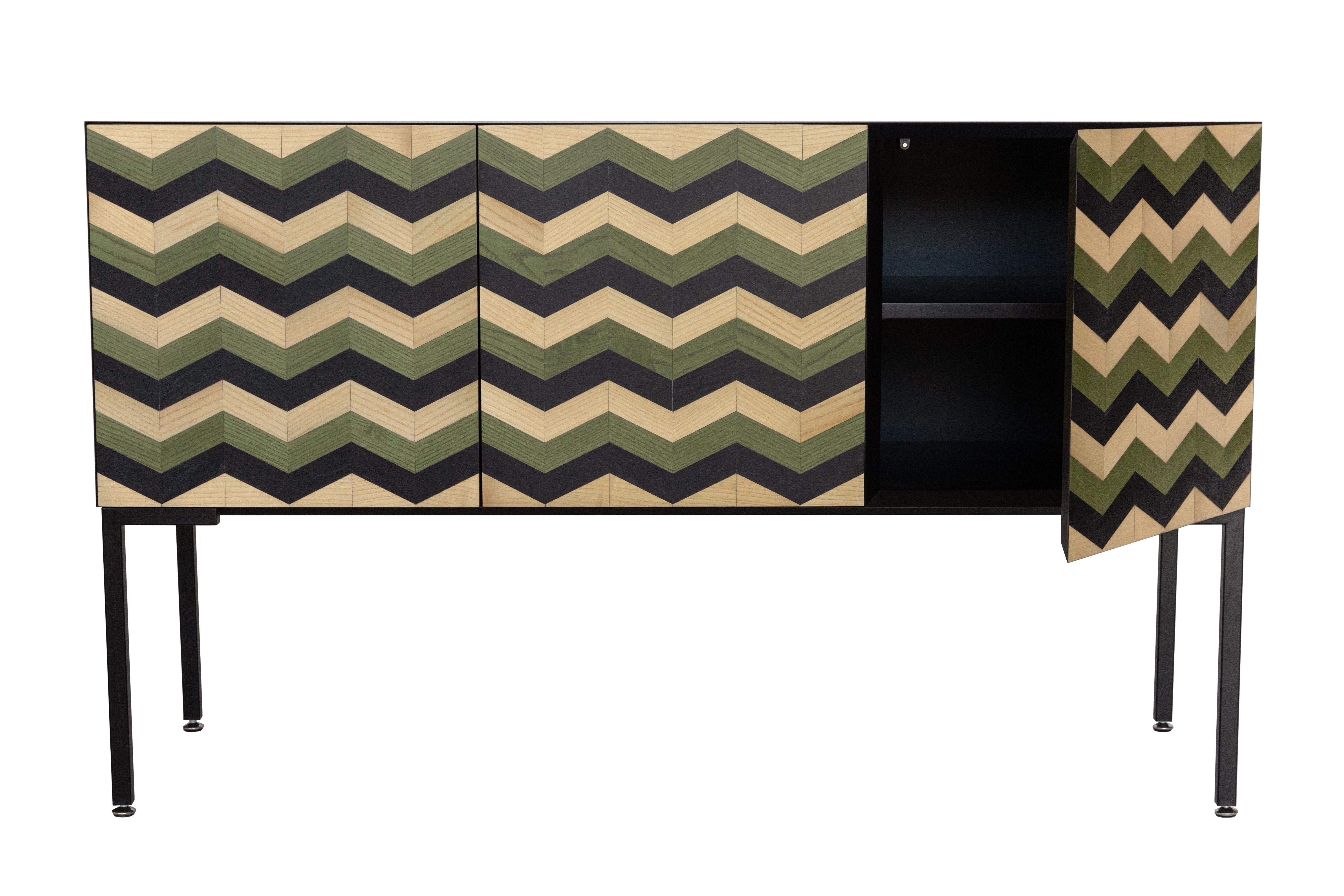 Italian 21st Century Marea Inlaid Sideboard Natural, Black and Green Ash, Made in Italy For Sale