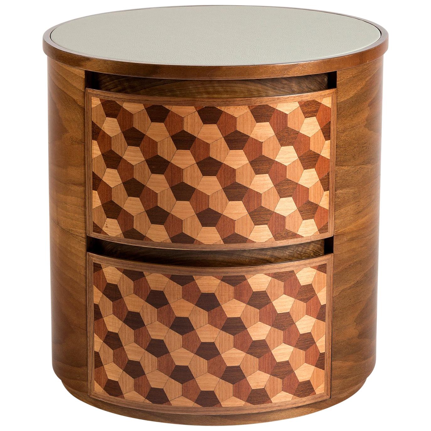Geometrischer Nachttisch mit Intarsien aus Holzfurnier des 21. Jahrhunderts