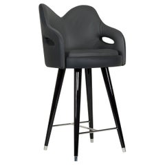 Mary Bar Chair Wood Black Stain Black Italian Leather Polished Stainless Steel