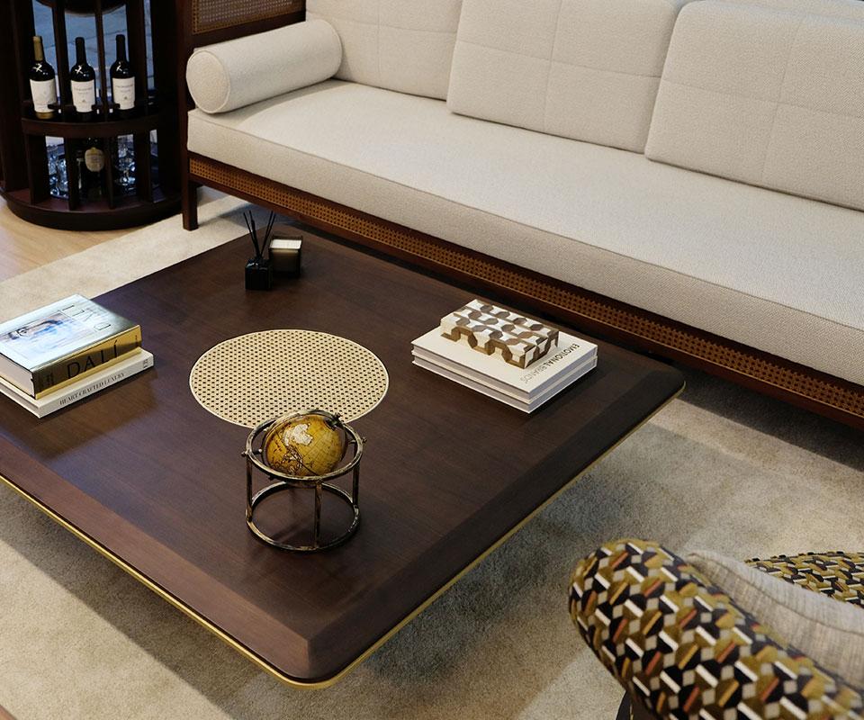 21st Century Matthew Center Table Walnut Wood Rattan Handmade In Portugal en vente 2
