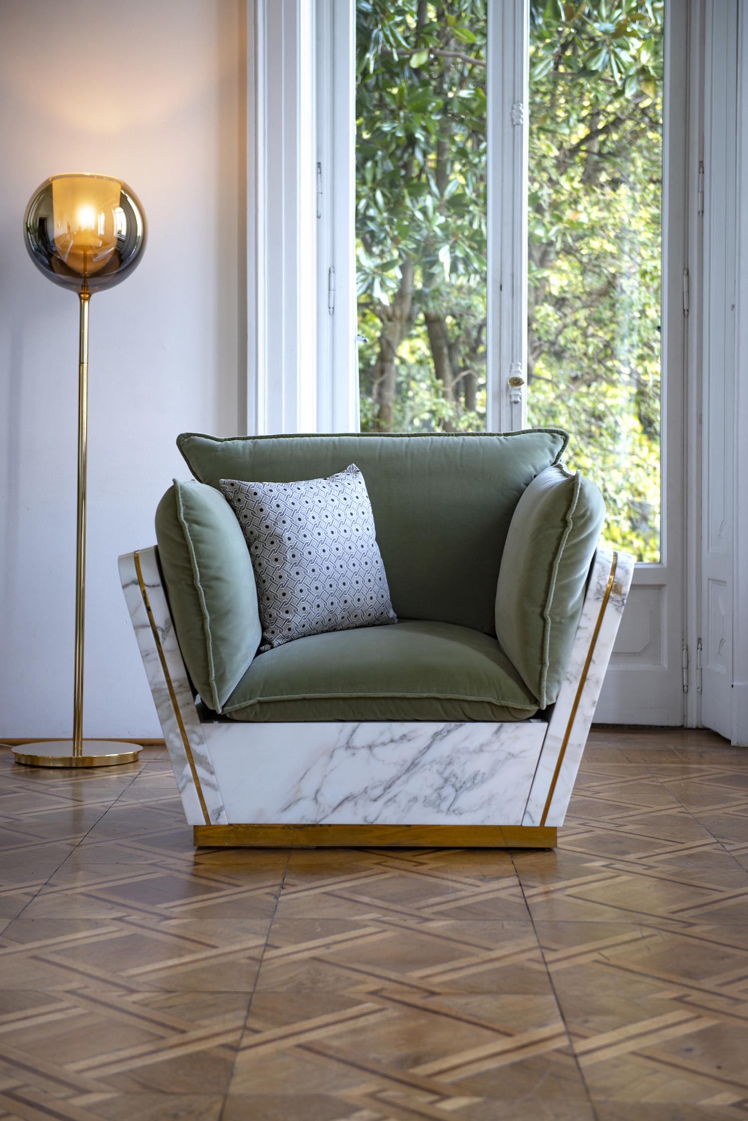 Italian 21st Century Mattis White Statuario Marble Teakwood Armchair Customized Cushion For Sale