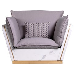 21st Century Mattis White Statuario Marble Teakwood Armchair Customized Cushion