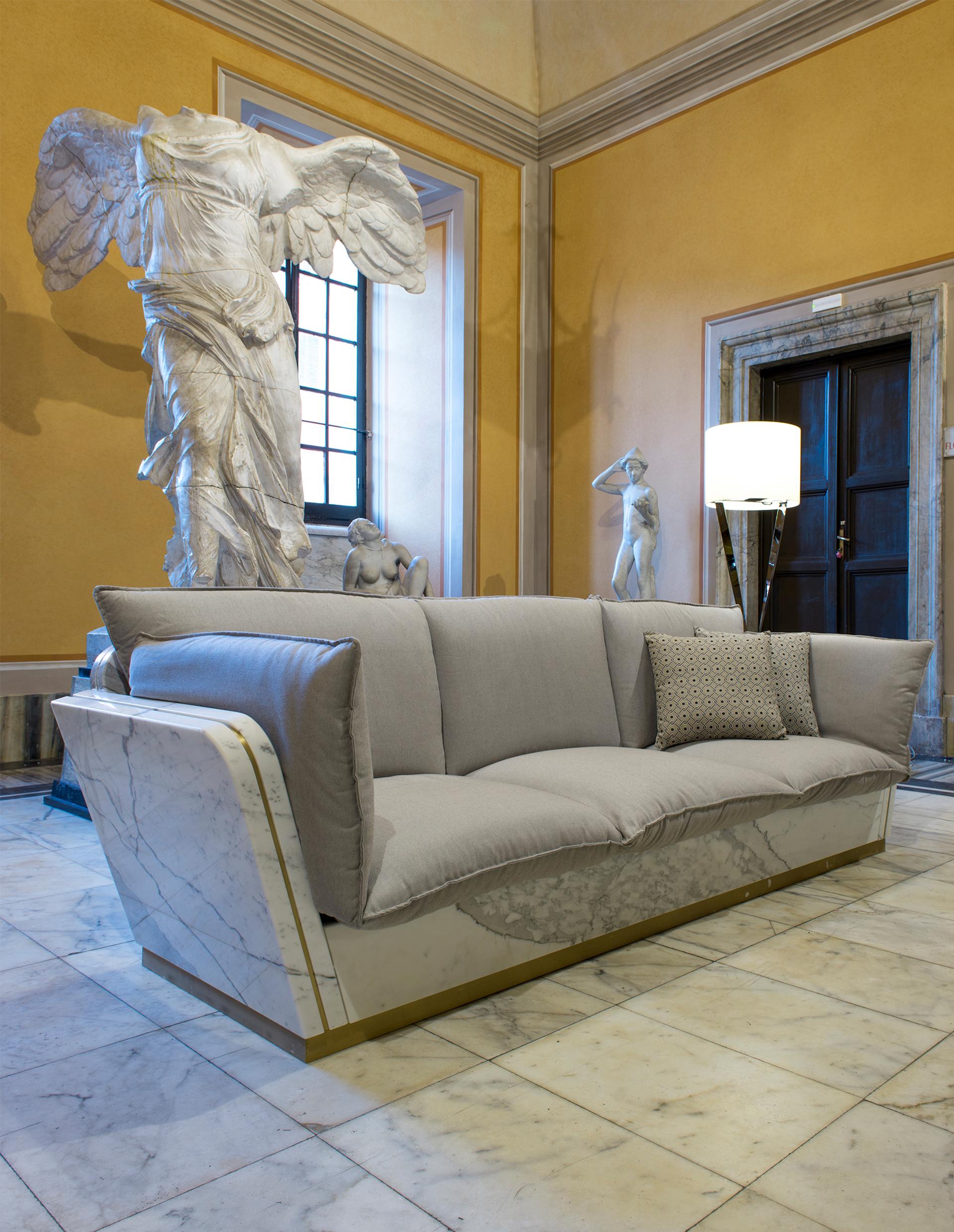 Carrara Marble 21st Century Mattis White Statuario Marble Teakwood Sofa Customised Cushion For Sale