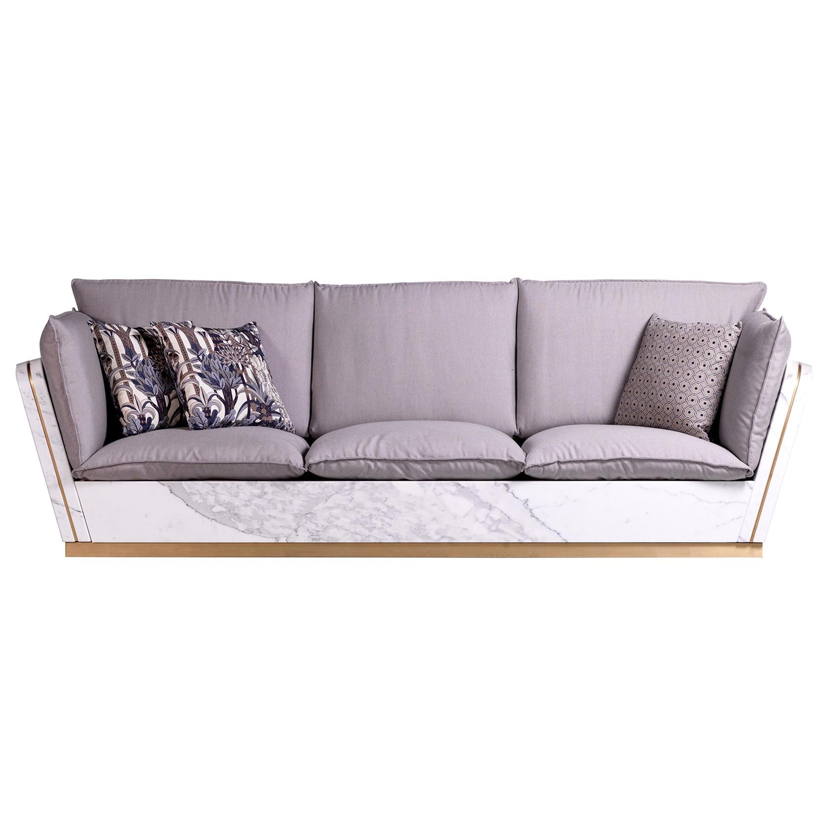21st Century Mattis White Statuario Marble Teakwood Sofa Customised Cushion