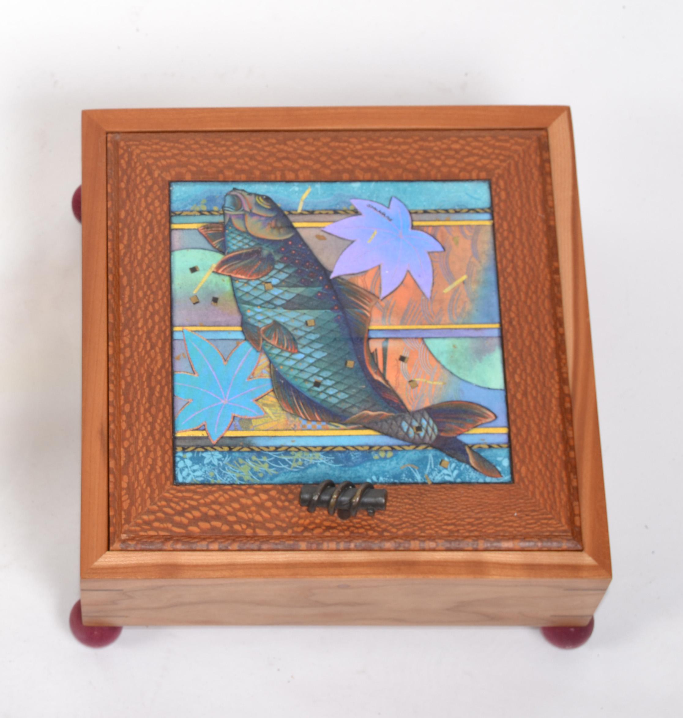 21st Century McAdams Design Cypress Lacewood Bronze Ceremony Box Nautical Fish For Sale 7