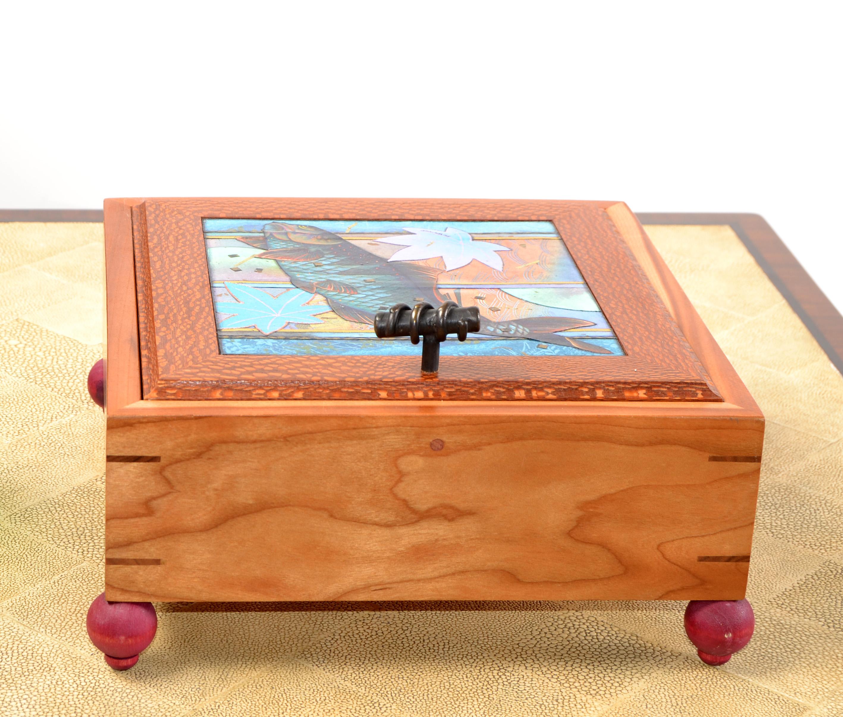 21st Century McAdams Design Cypress Lacewood Bronze Ceremony Box Nautical Fish For Sale 8