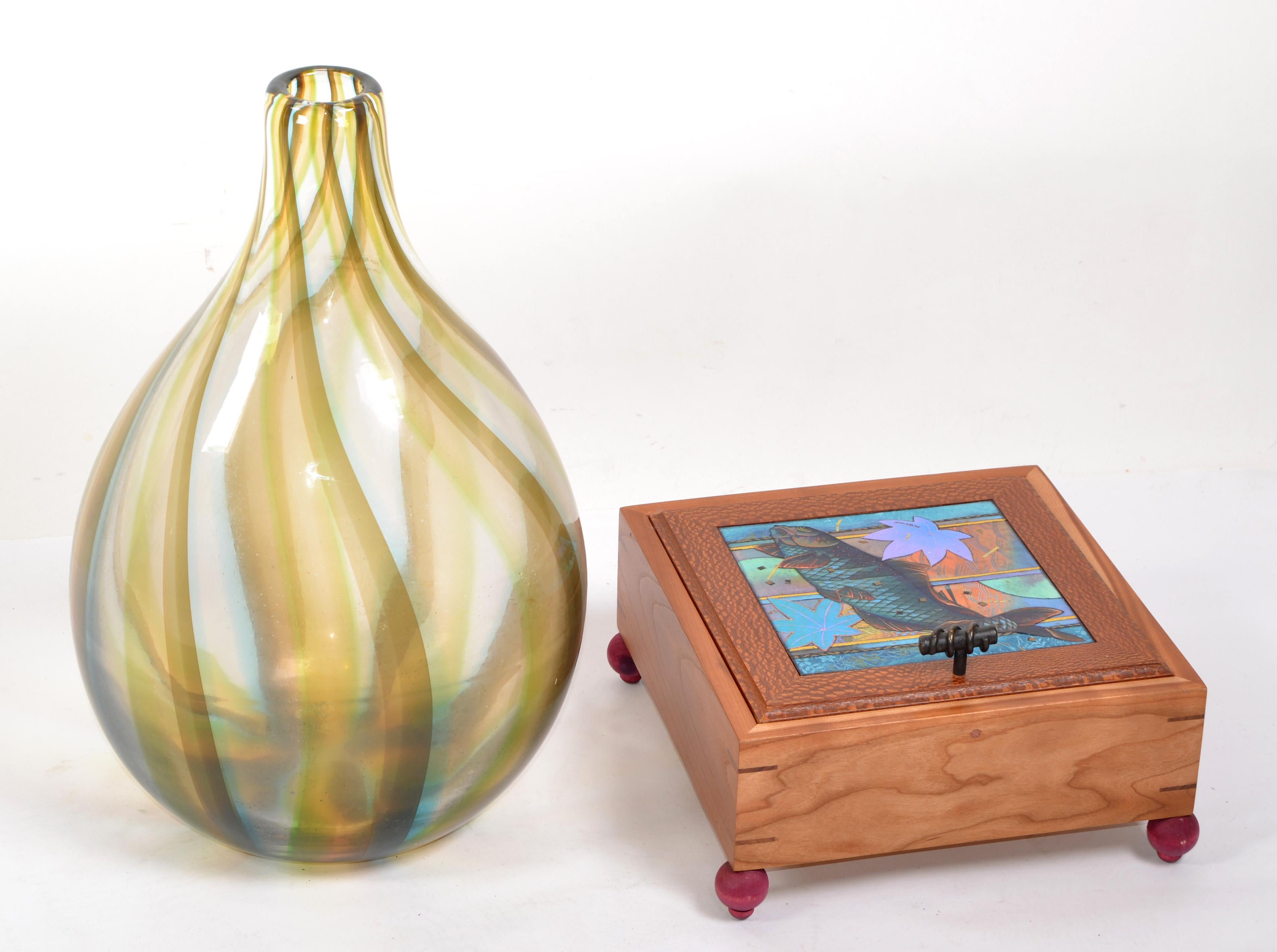 American 21st Century McAdams Design Cypress Lacewood Bronze Ceremony Box Nautical Fish For Sale