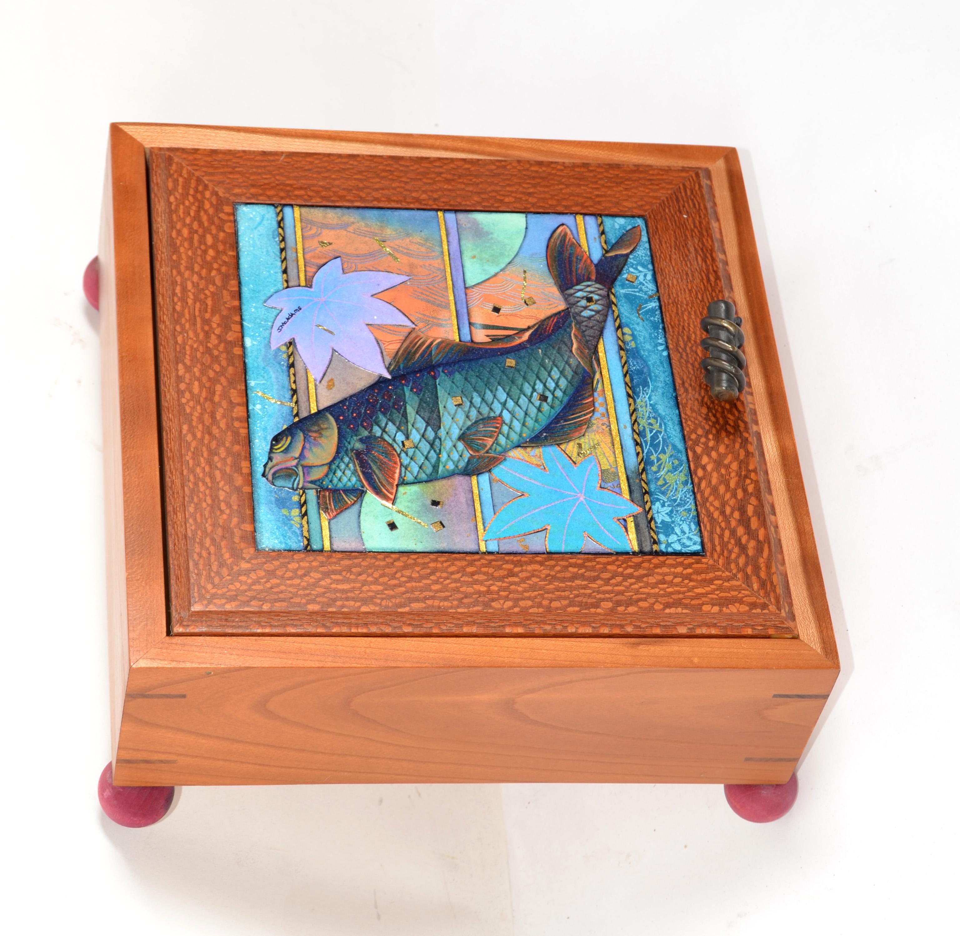21st Century McAdams Design Cypress Lacewood Bronze Ceremony Box Nautical Fish In Good Condition For Sale In Miami, FL