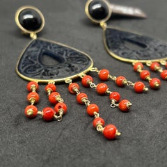 21st Century Mediterranean Coral and Onyx Chandelier Earrings by Carola
