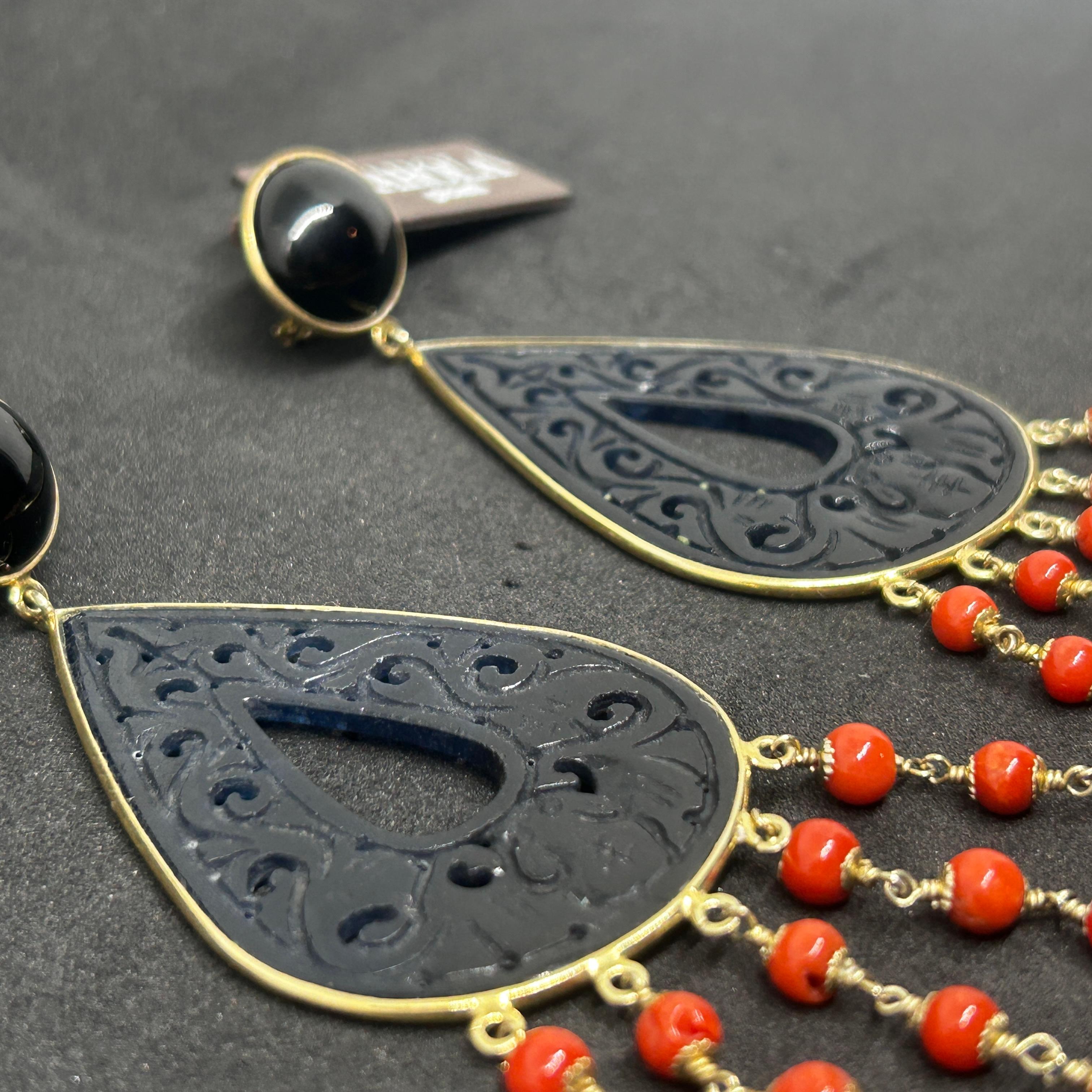 Ball Cut 21st Century Mediterranean Coral and Onyx Chandelier Earrings by Carola For Sale