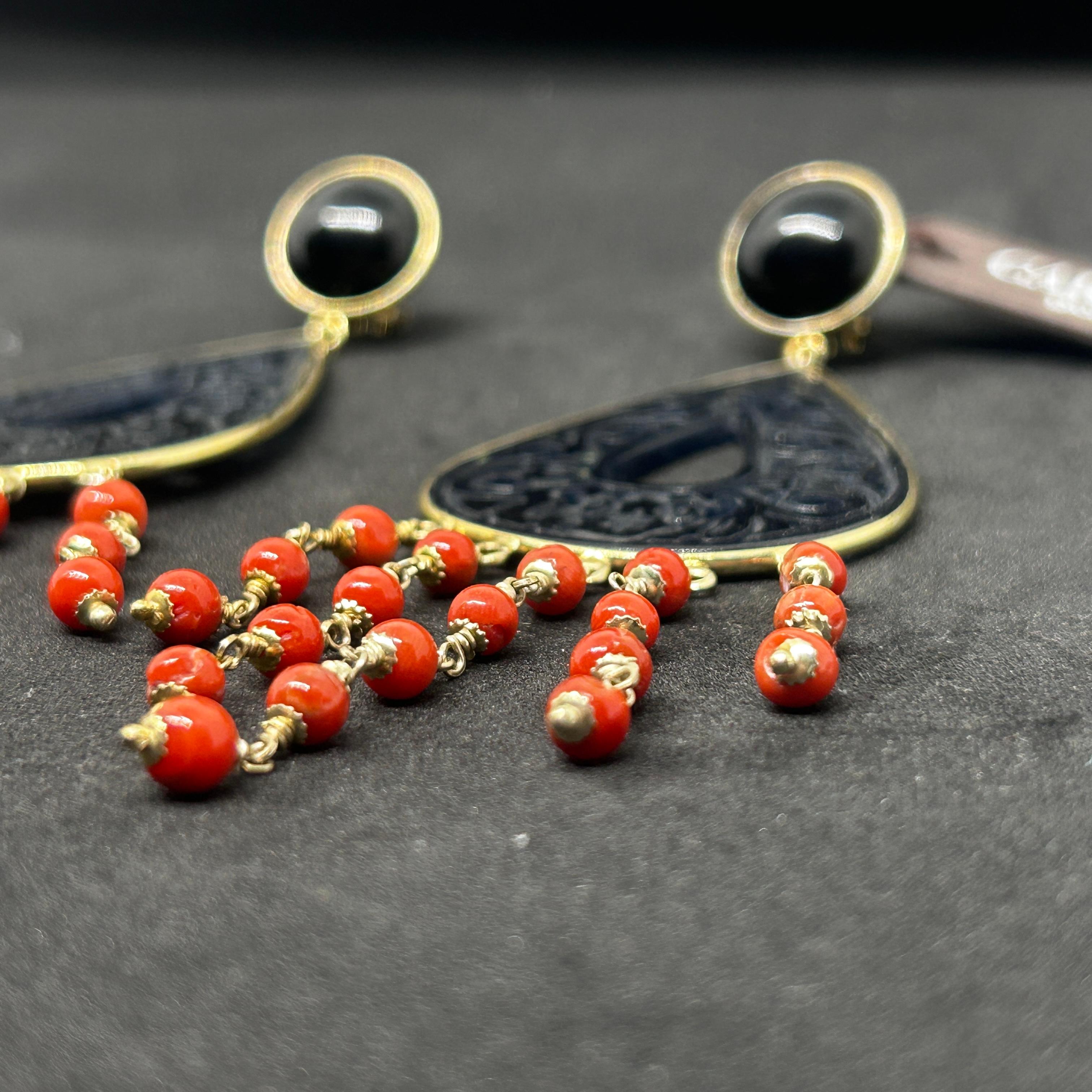Women's 21st Century Mediterranean Coral and Onyx Chandelier Earrings by Carola For Sale