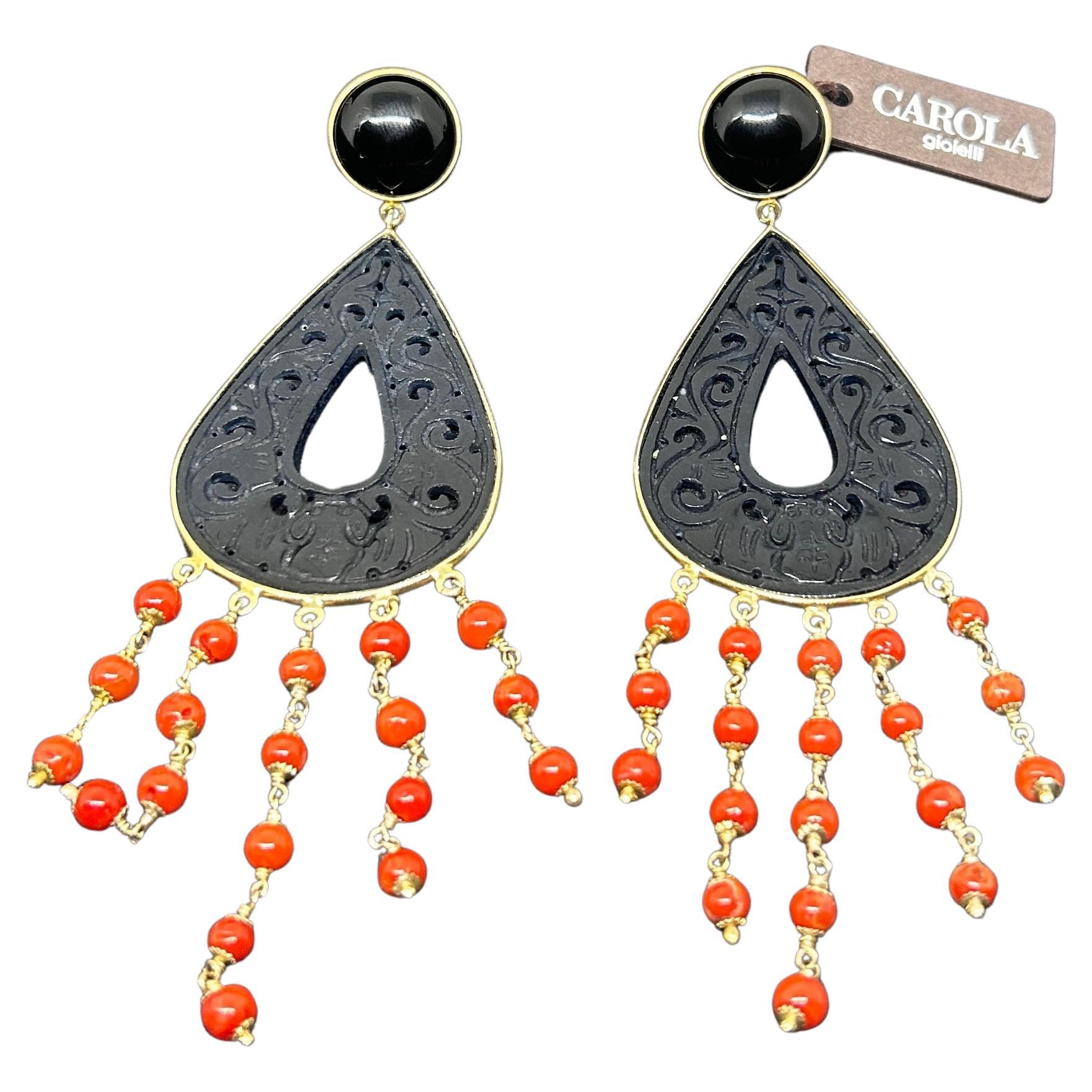 21st Century Mediterranean Coral and Onyx Chandelier Earrings by Carola For Sale